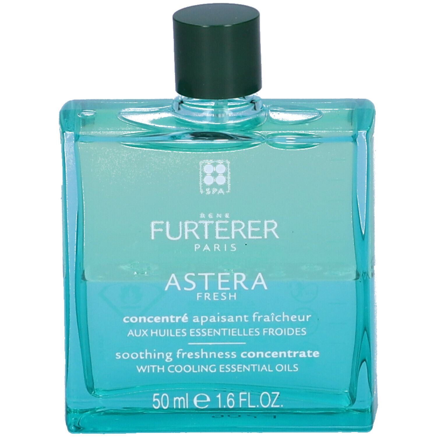 Flacone quadrato con tappo verde. Scritta: Astera Fresh, concentrato con oli essenziali. 50 ml.
