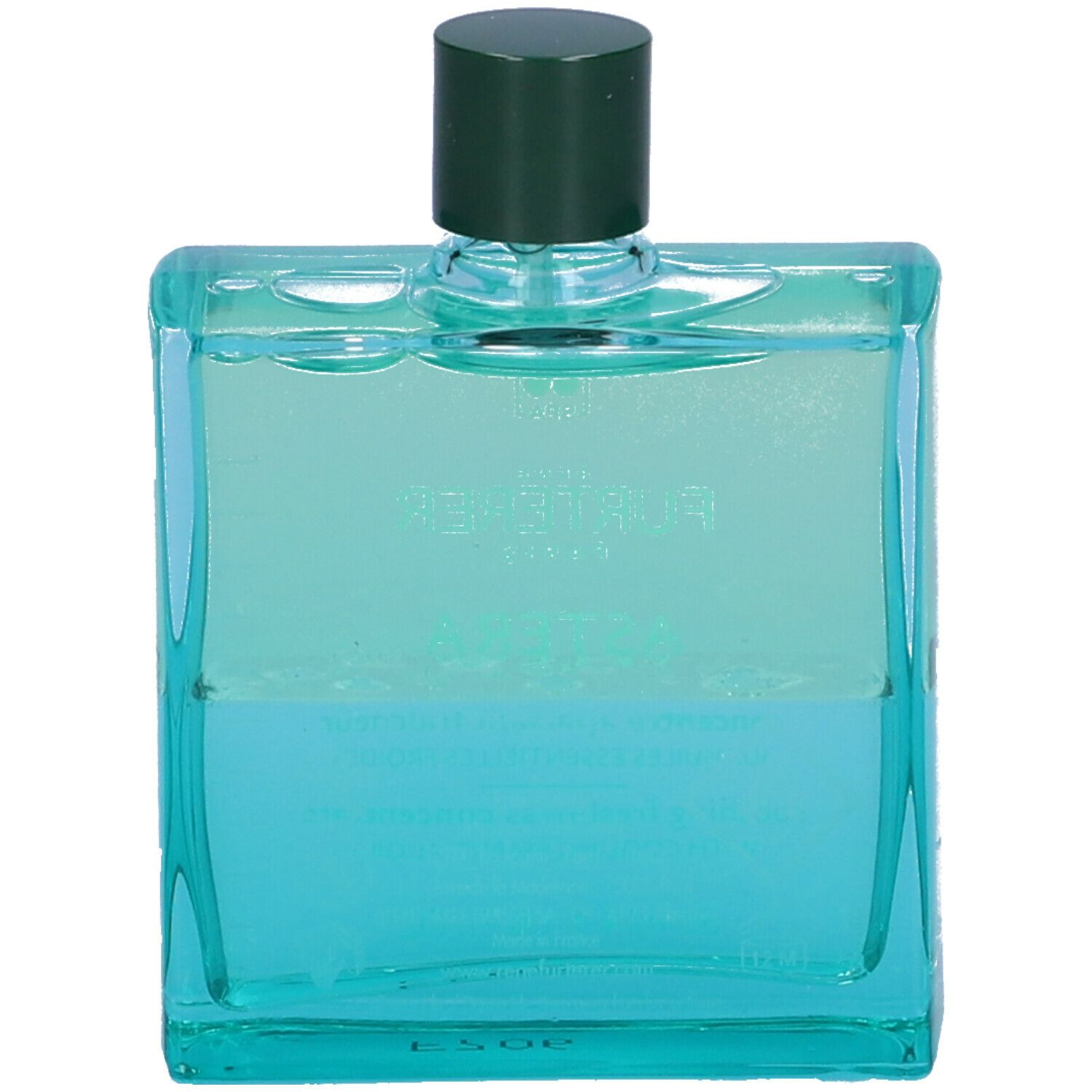 Flacone quadrato con tappo verde. Scritta: Astera Fresh, concentrato con oli essenziali.