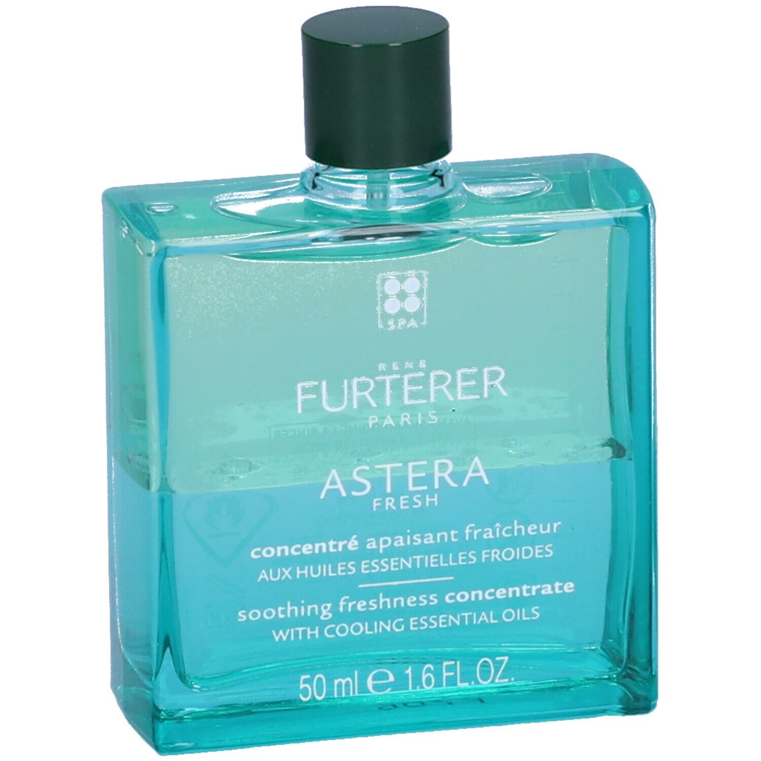 Flacone quadrato con tappo verde. Scritta: Astera Fresh, concentrato con oli essenziali. 50 ml.