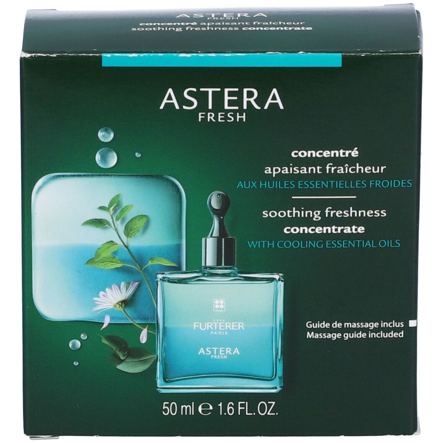 Prodotto e confezione. Flacone quadrato, confezione verde. Scritta: Astera Fresh, concentrato con oli essenziali. 50 ml.