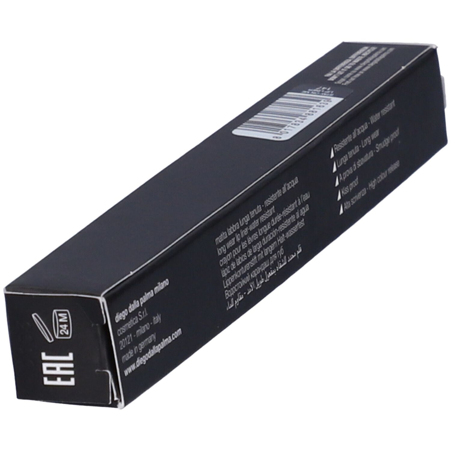 Confezione nera, in diagonale. Marchio: Diego dalla Palma. Testo: matita labbra, long lasting, water resistant. Con codice EAN.