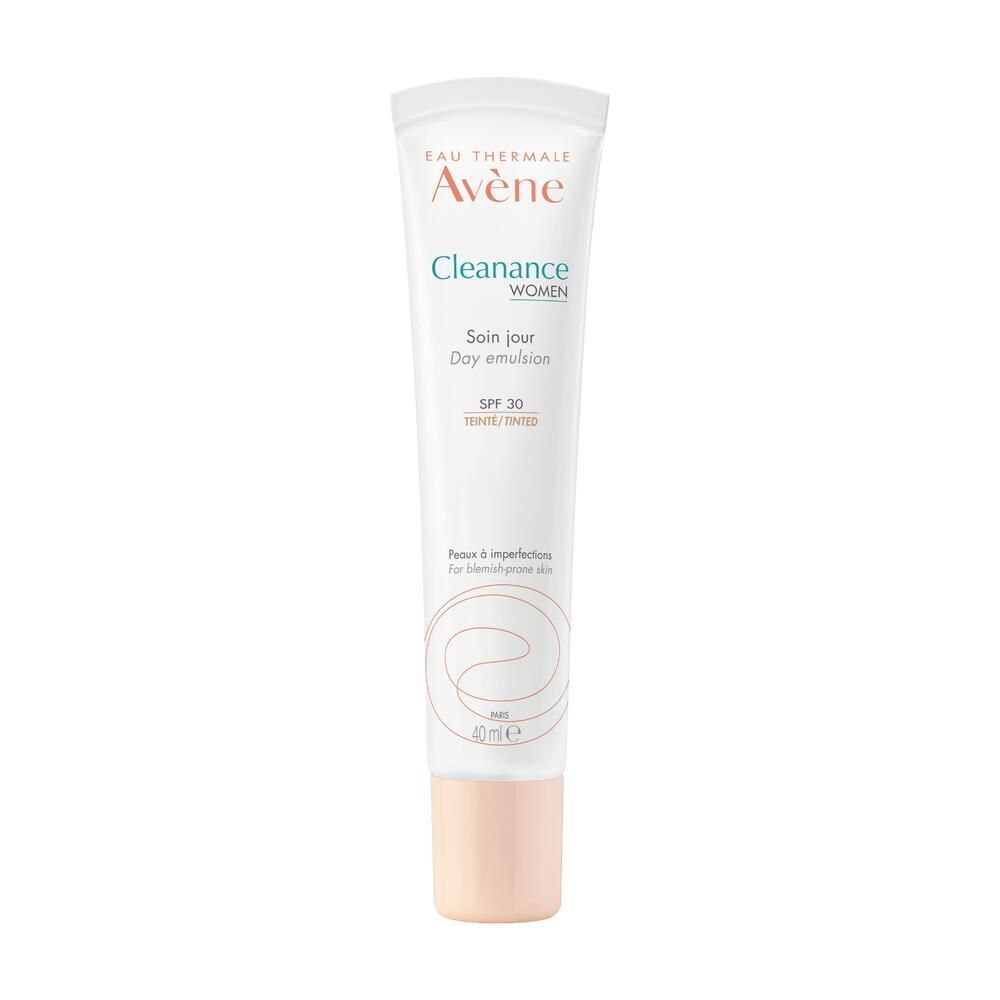 Avene Cleanance Women, emulsione giorno colorata SPF 30. Tubo bianco con tappo beige. Testo: Riduce le imperfezioni e uniforma la pelle.