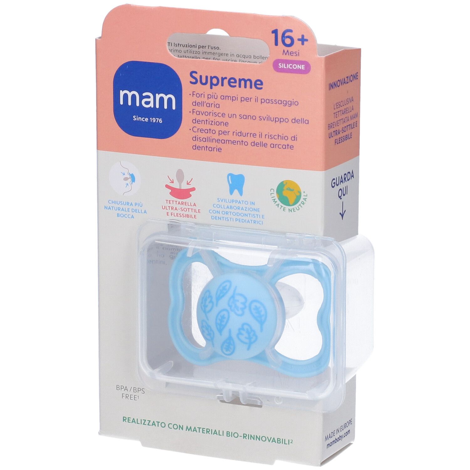 Confezione con succhietto blu. Marchio MAM, Supreme, 16+ mesi. Scatola trasparente.