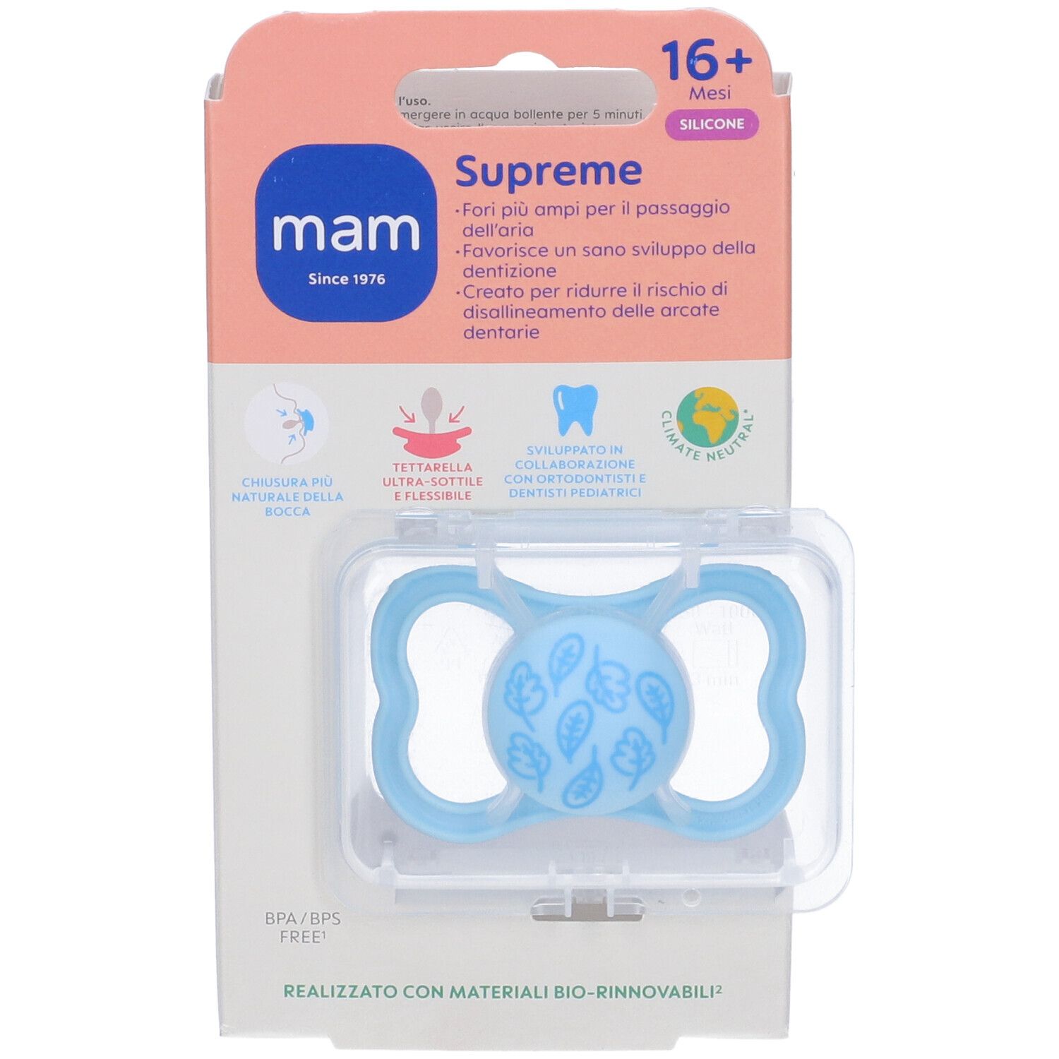Confezione con succhietto blu. MAM Supreme, 16+ mesi. Scatola trasparente.
