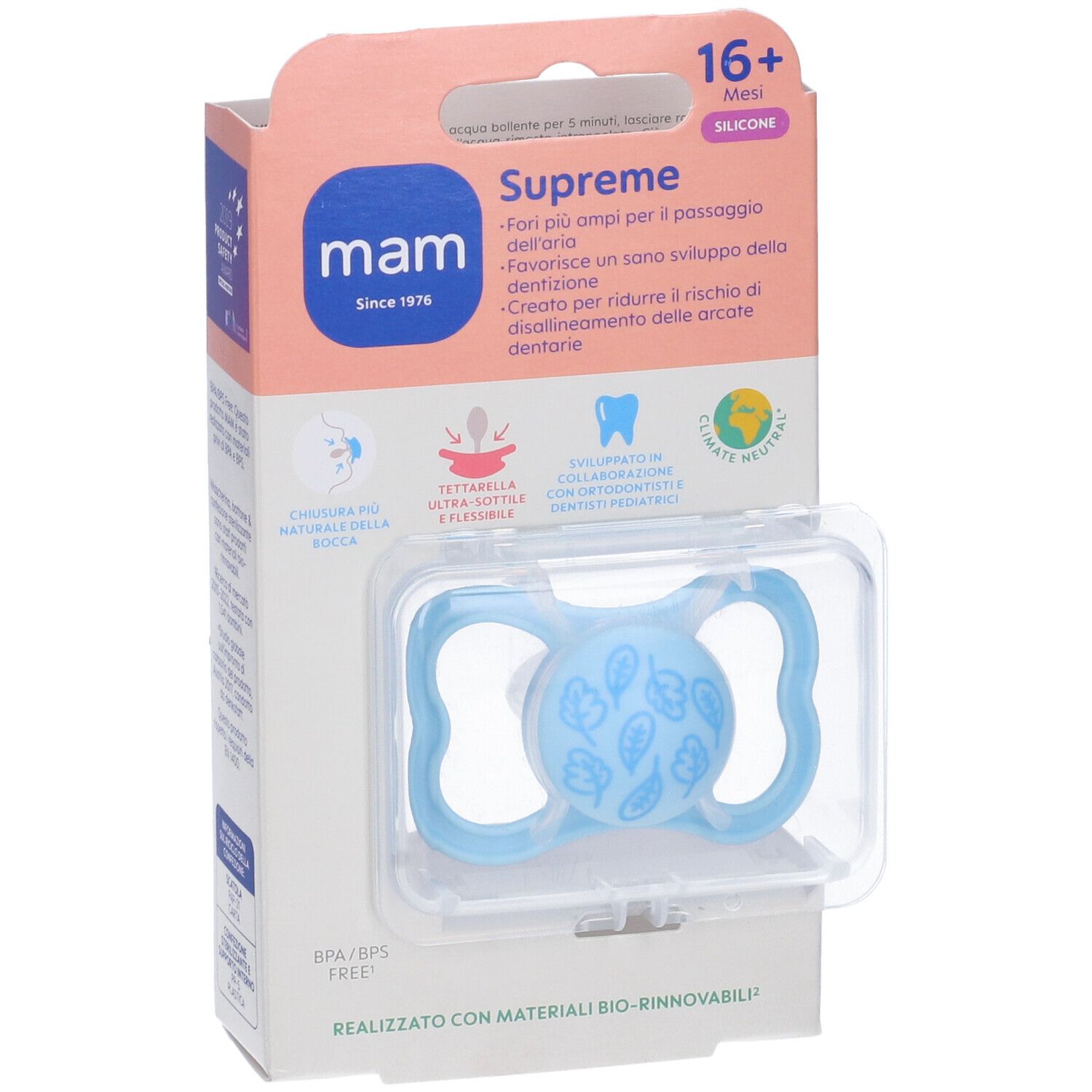Confezione con succhietto blu. MAM Supreme, 16+ mesi. Scatola trasparente.
