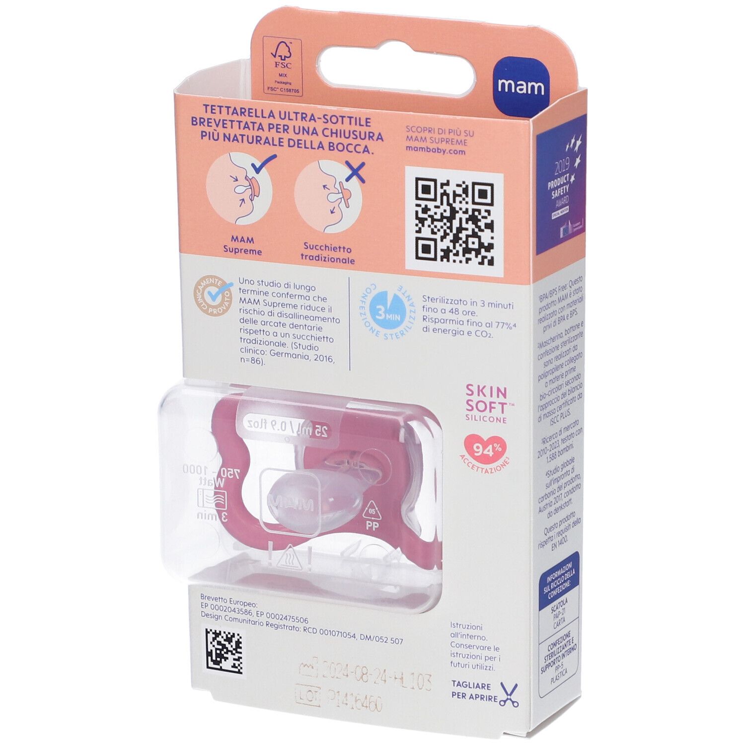 Retro della confezione del succhietto MAM Supreme. Succhietto rosa in plastica. Informazioni, QR code e certificazioni.