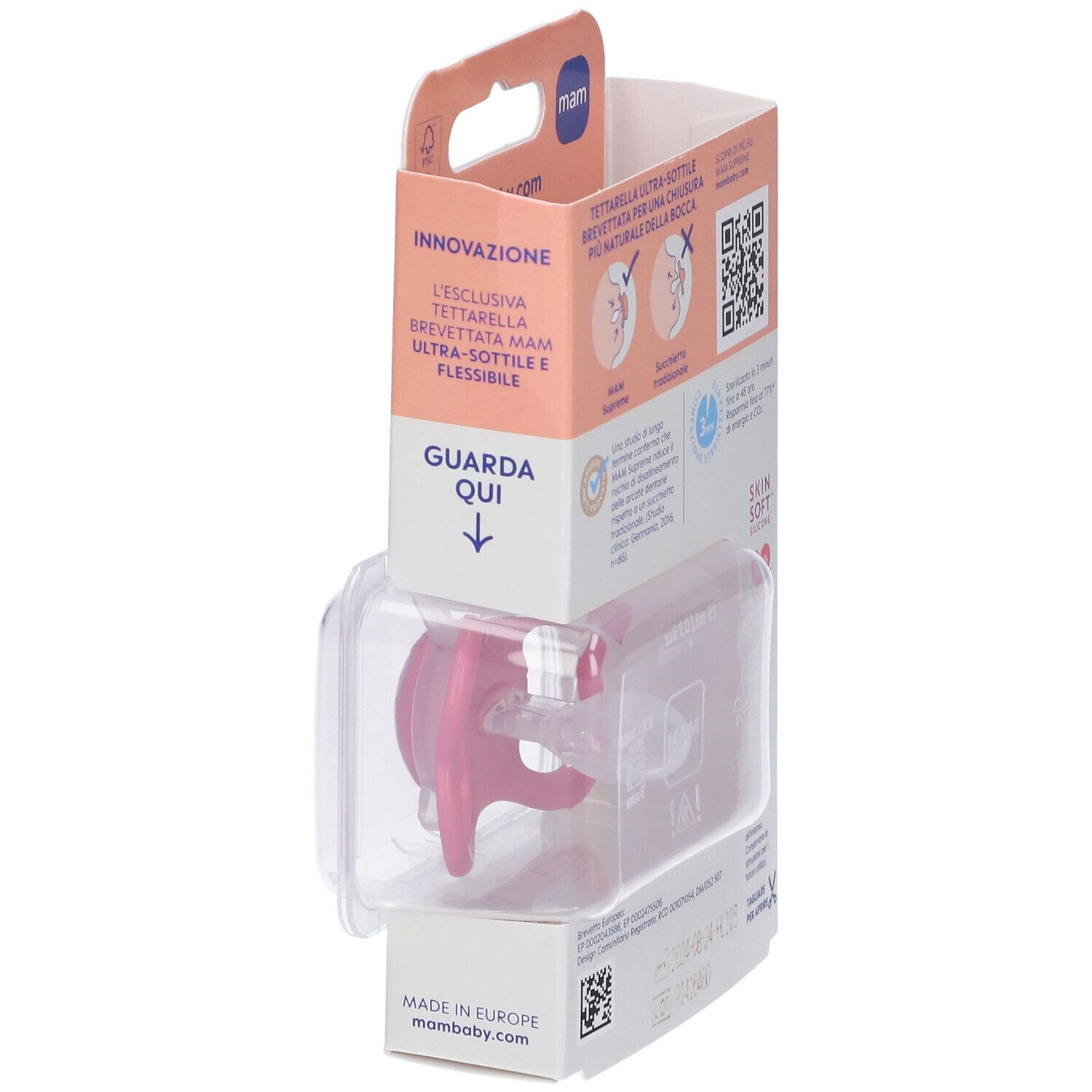 Succhietto MAM Supreme in confezione. Succhietto rosa in plastica. Informazioni e logo MAM.