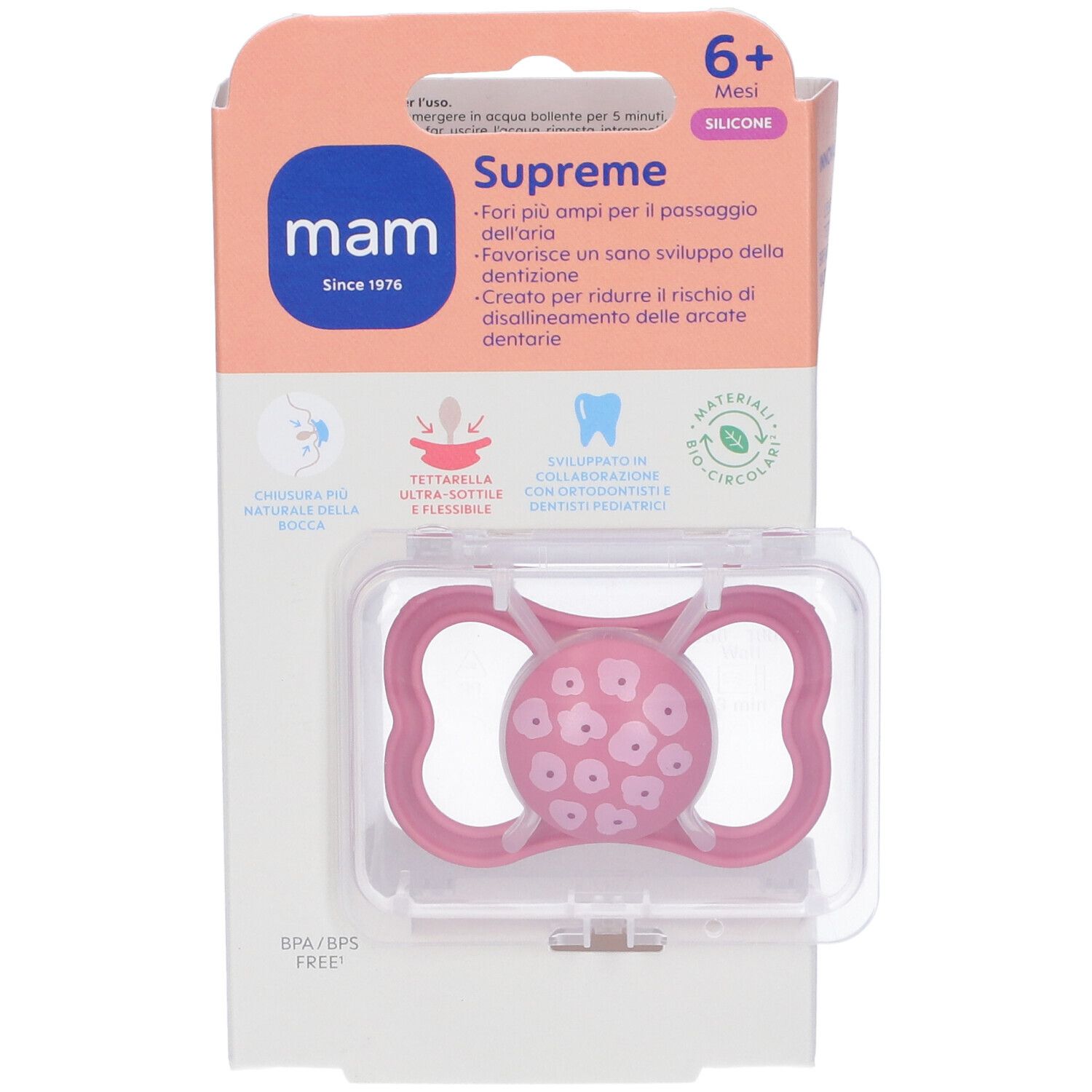 Succhietto rosa MAM Supreme 6+ Silicone in confezione. Informazioni sul prodotto sull'imballaggio.