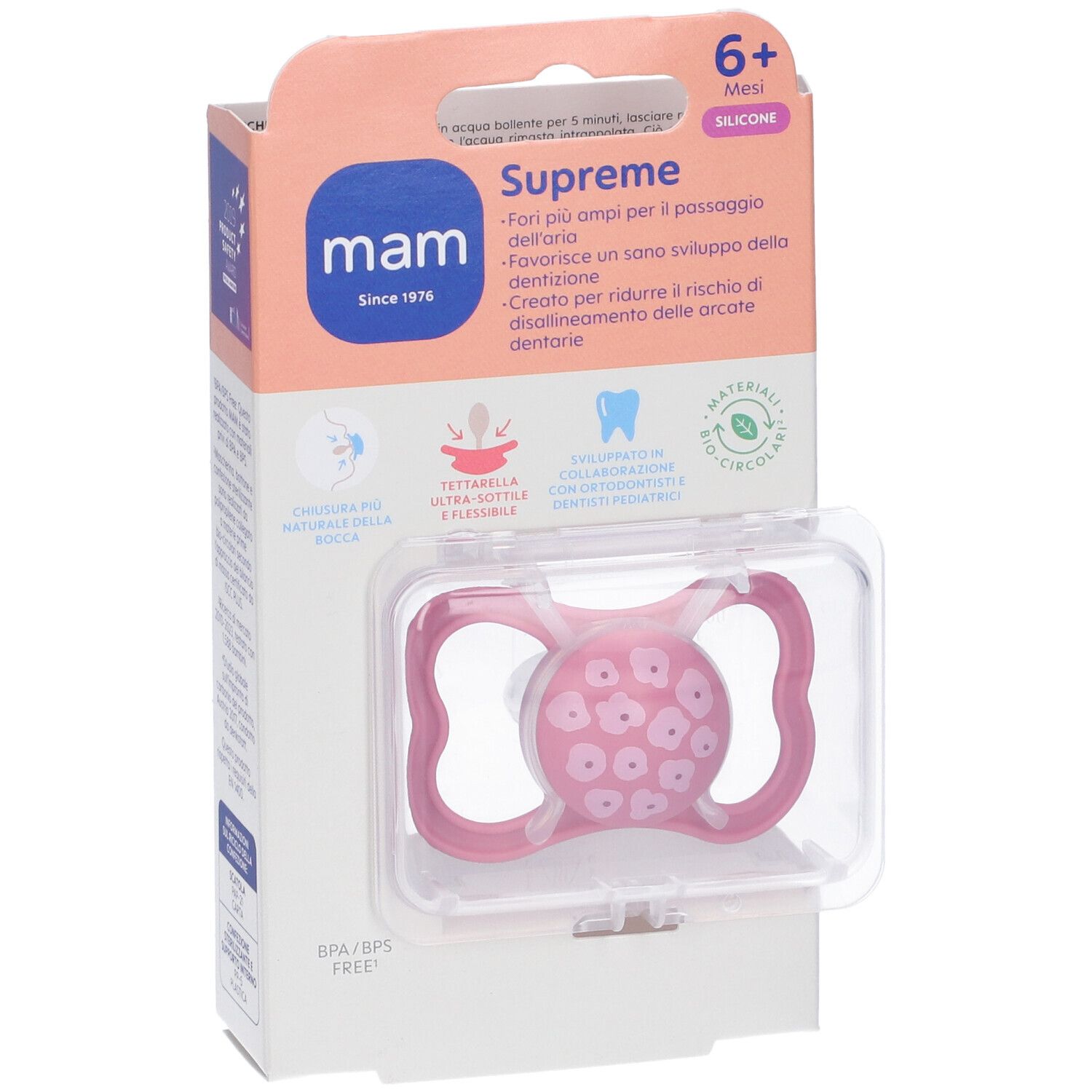 Succhietto rosa MAM Supreme 6+ Silicone in confezione. Informazioni sul prodotto sull'imballaggio.