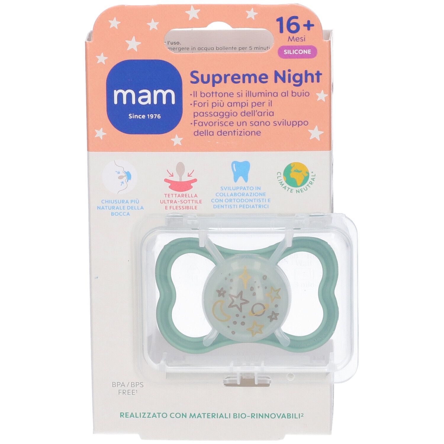 Succhietto Mam Supreme Night in confezione. Tettarella in silicone verde con motivo a stelle. Confezione con informazioni.