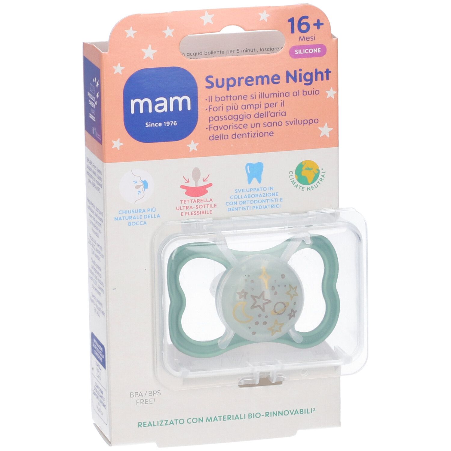 Succhietto Mam Supreme Night in confezione. Tettarella in silicone verde con motivo a stelle. Confezione con informazioni.