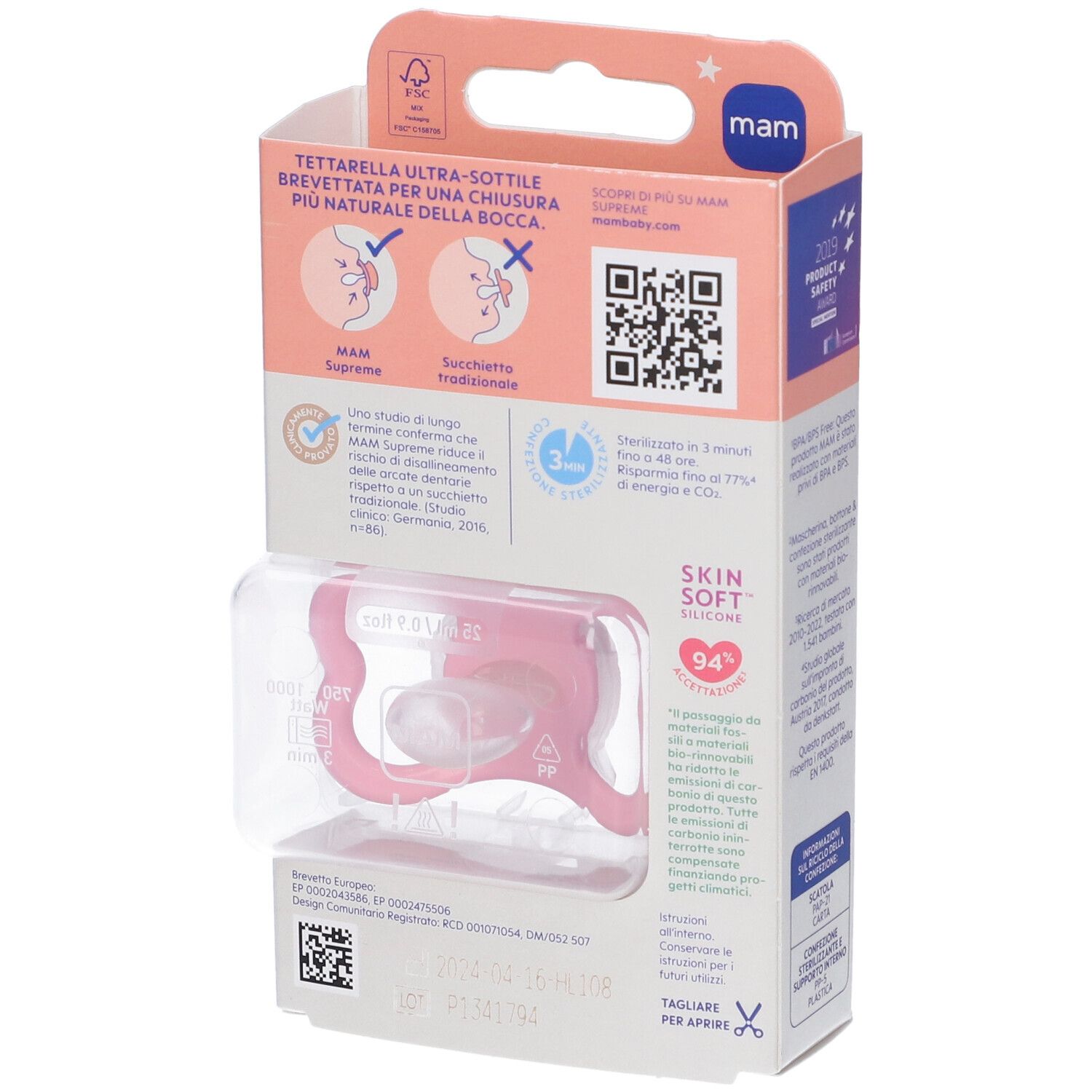 Retro confezione Mam Supreme Night 16+. Succhietto rosa visibile. Testo in italiano. Codice QR.