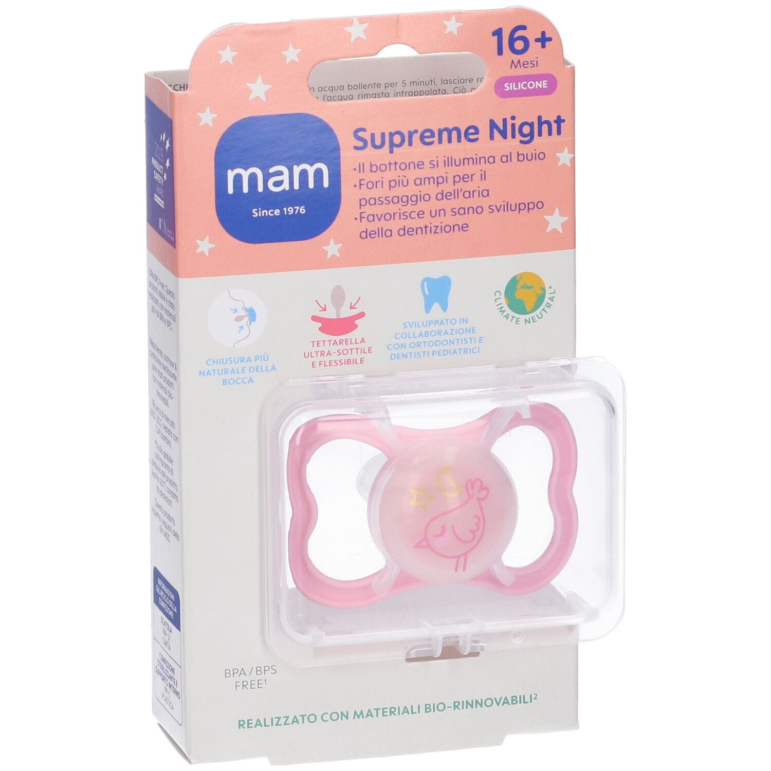 Succhietto rosa Mam Supreme Night 16+ Silicone in confezione. Design stella e uccello. Testo in italiano.