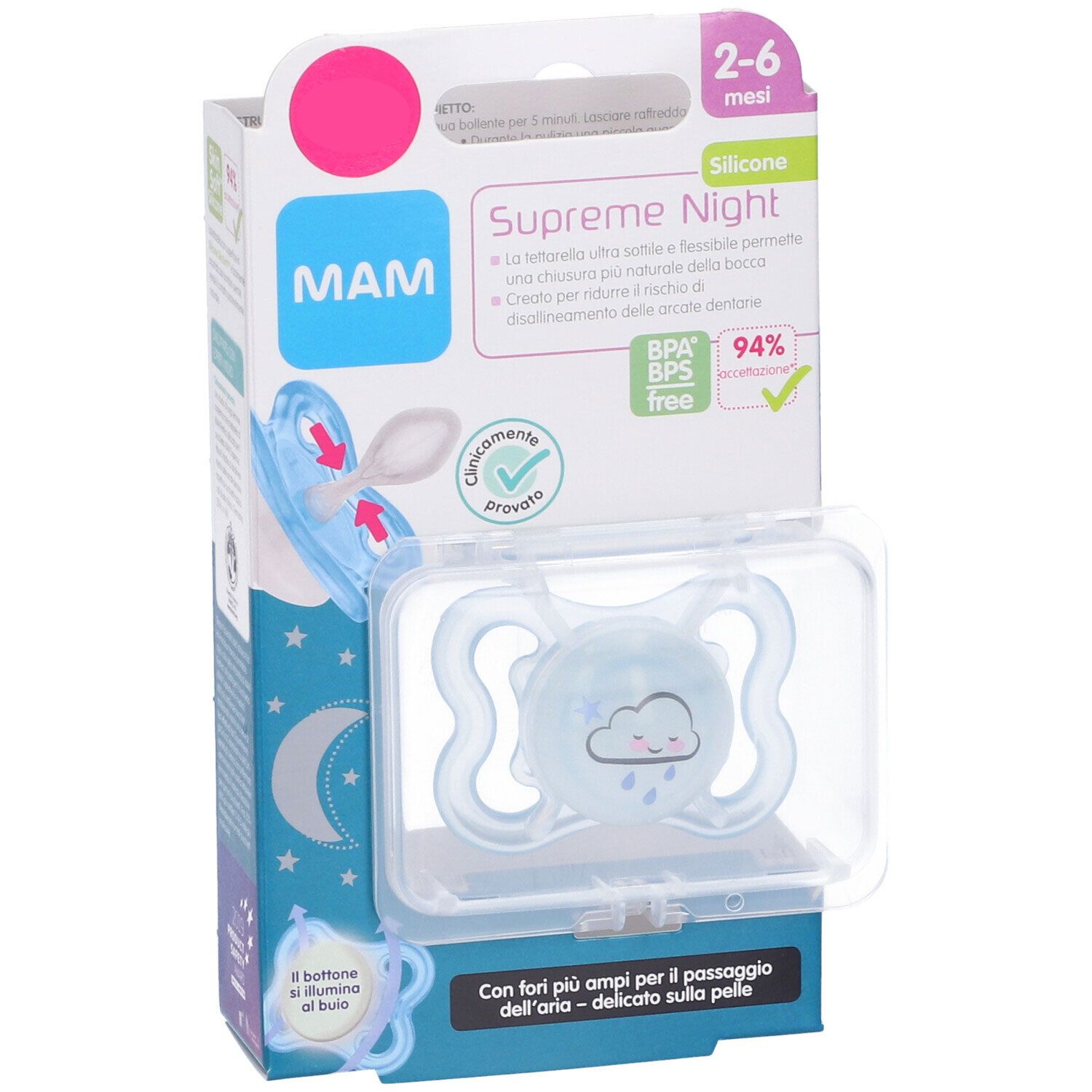 Succhietto MAM Supreme Night blu, 2-6 mesi, in confezione. Con sigillo senza BPA/BPS.