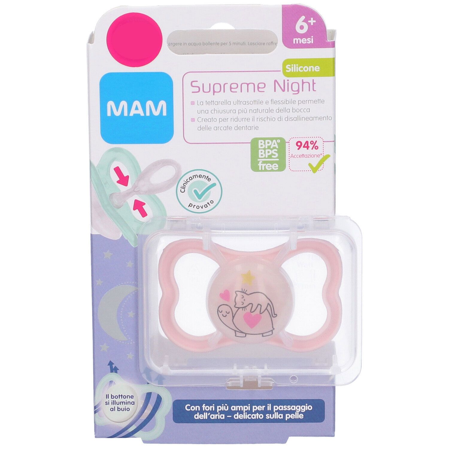 Succhietto MAM Supreme Night 6m+ Femmina in confezione. Tettarella rosa in silicone con disegno. Senza BPA/BPS.