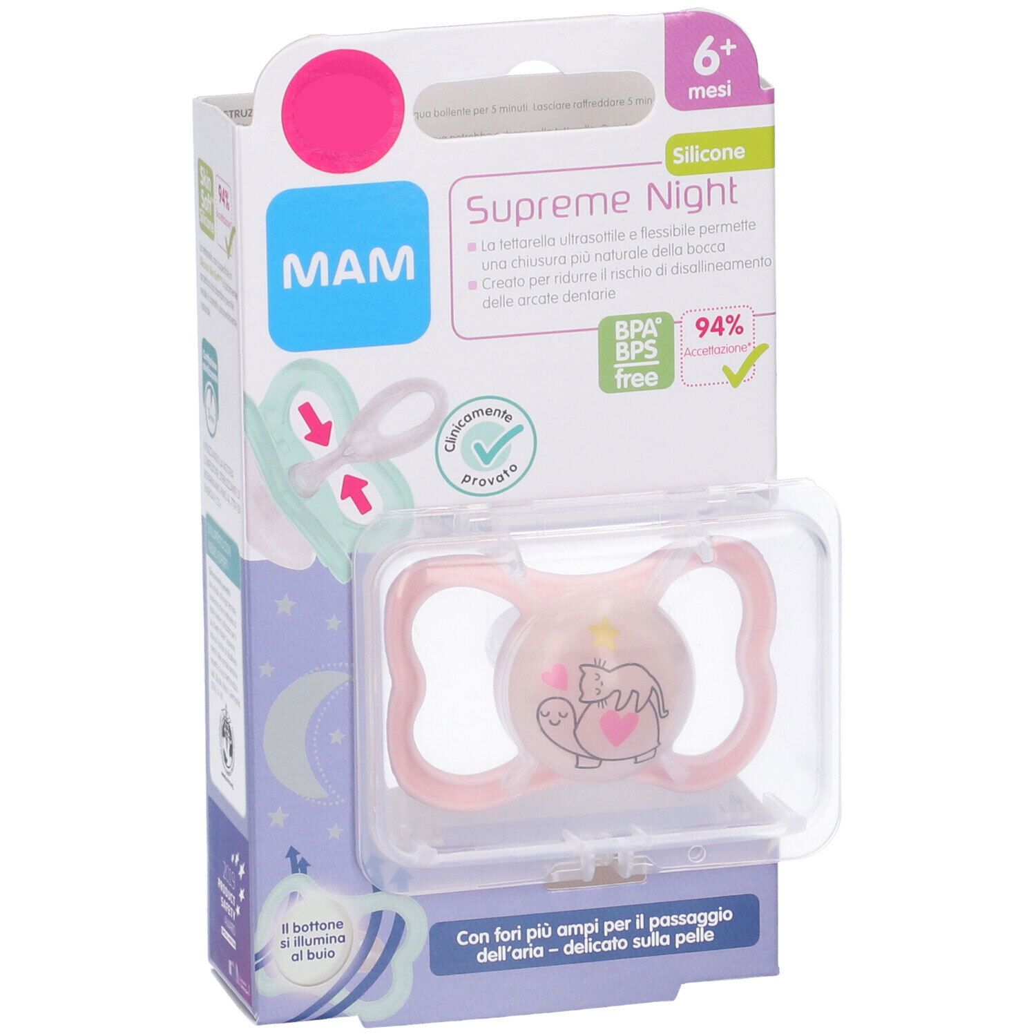 Succhietto MAM Supreme Night 6m+ Femmina in confezione. Tettarella rosa in silicone con disegno. Senza BPA/BPS.