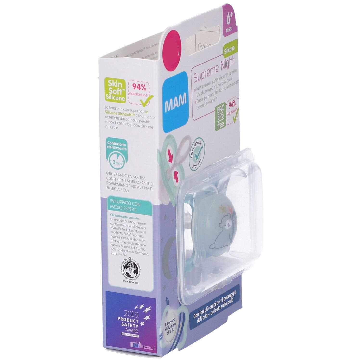 Succhietto MAM Supreme Night nella confezione. Succhietto blu in scatola di plastica. Senza BPA/BPS. 6+ mesi.