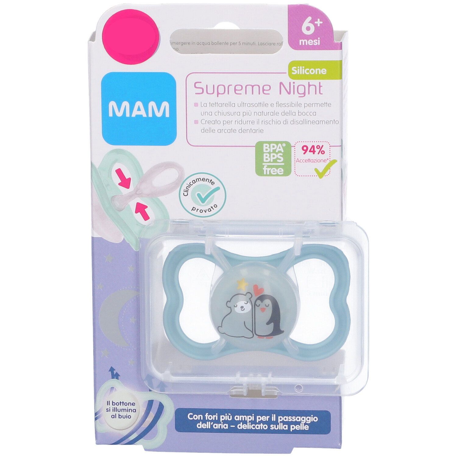 Succhietto MAM Supreme Night 6+ mesi, blu. Confezione con succhietto in scatola di plastica. Senza BPA/BPS.