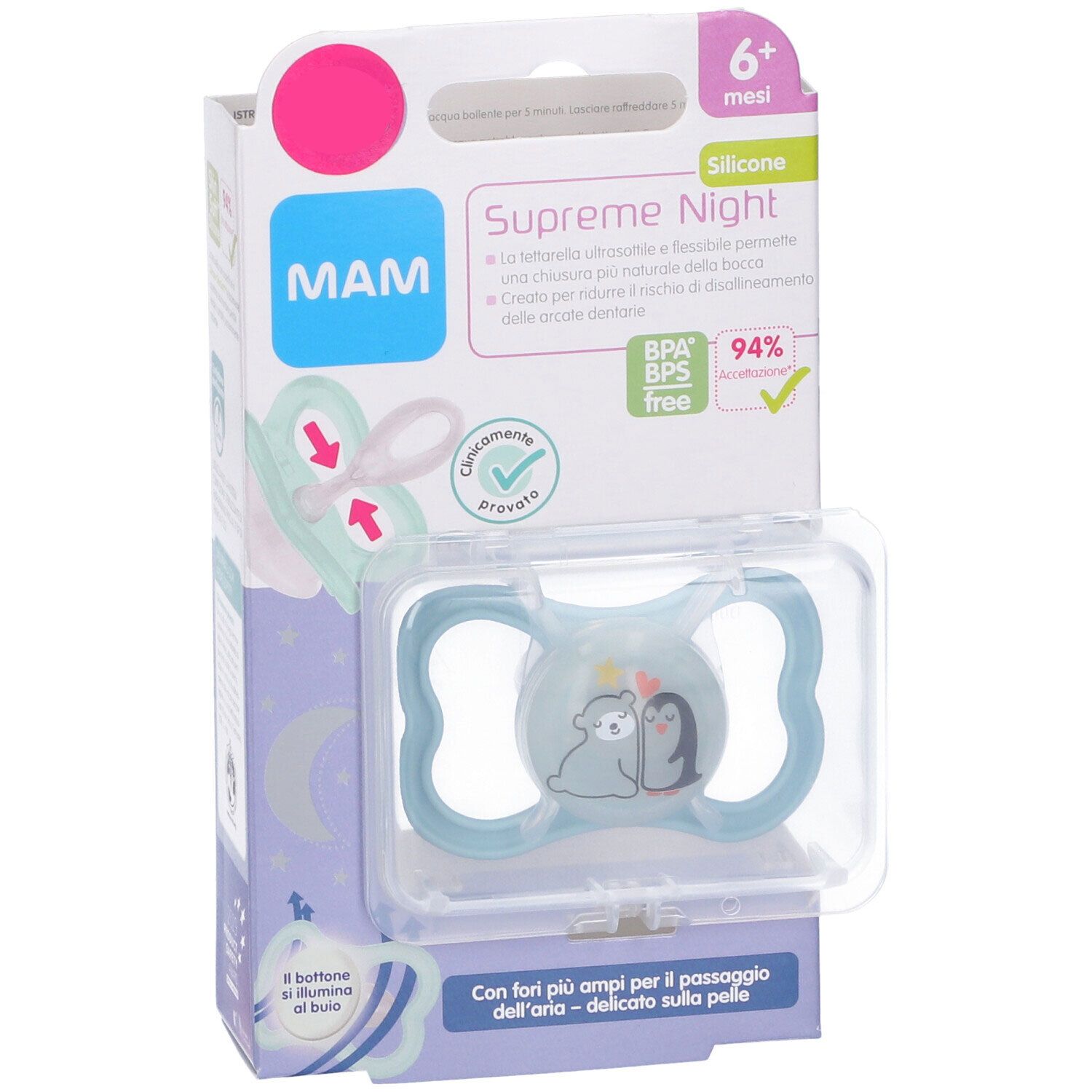 Succhietto MAM Supreme Night 6+ mesi, blu. Confezione con succhietto in scatola di plastica. Senza BPA/BPS.