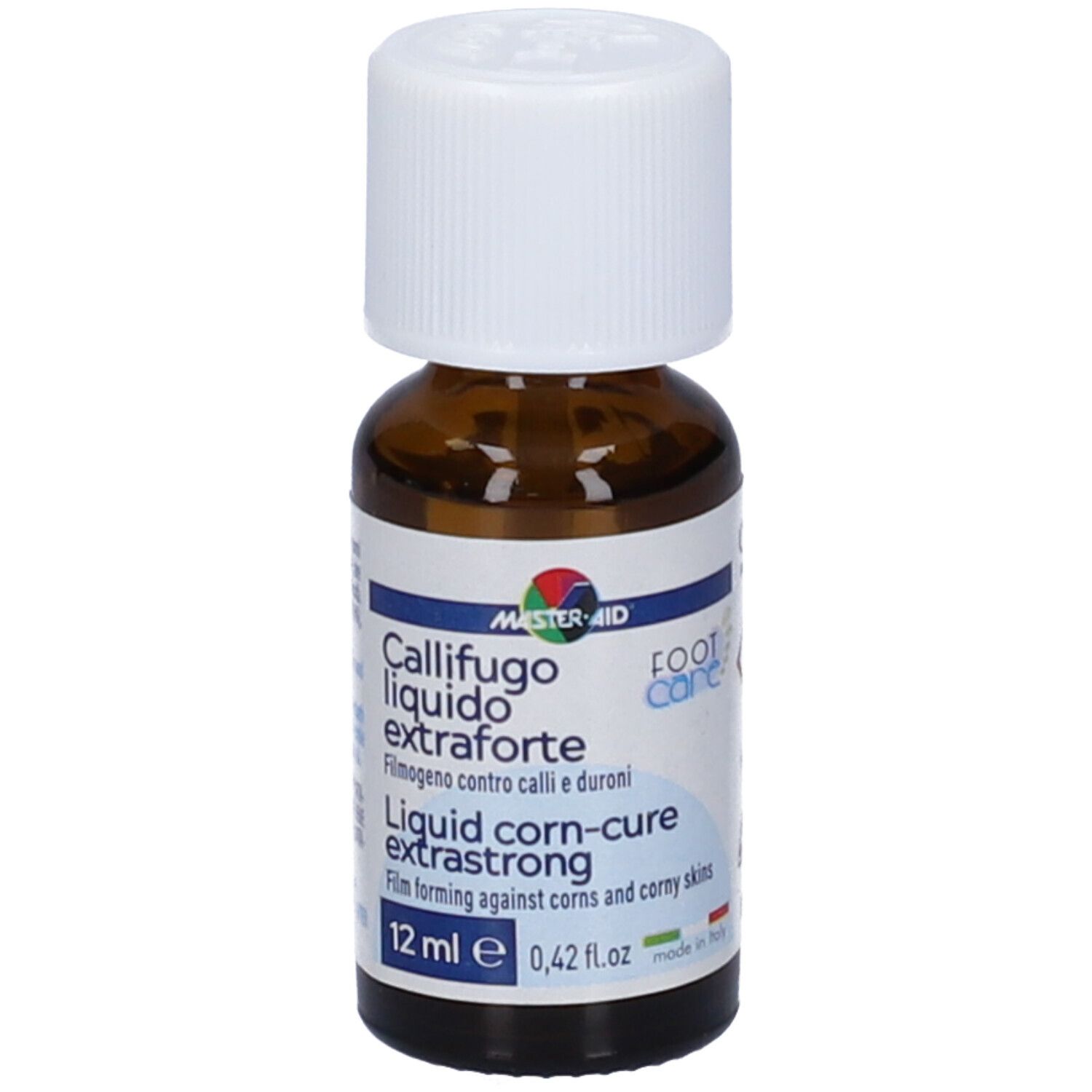 Flacone di vetro marrone con tappo bianco. Etichetta: Master-Aid Callifugo Liquido extraforte, 12 ml.