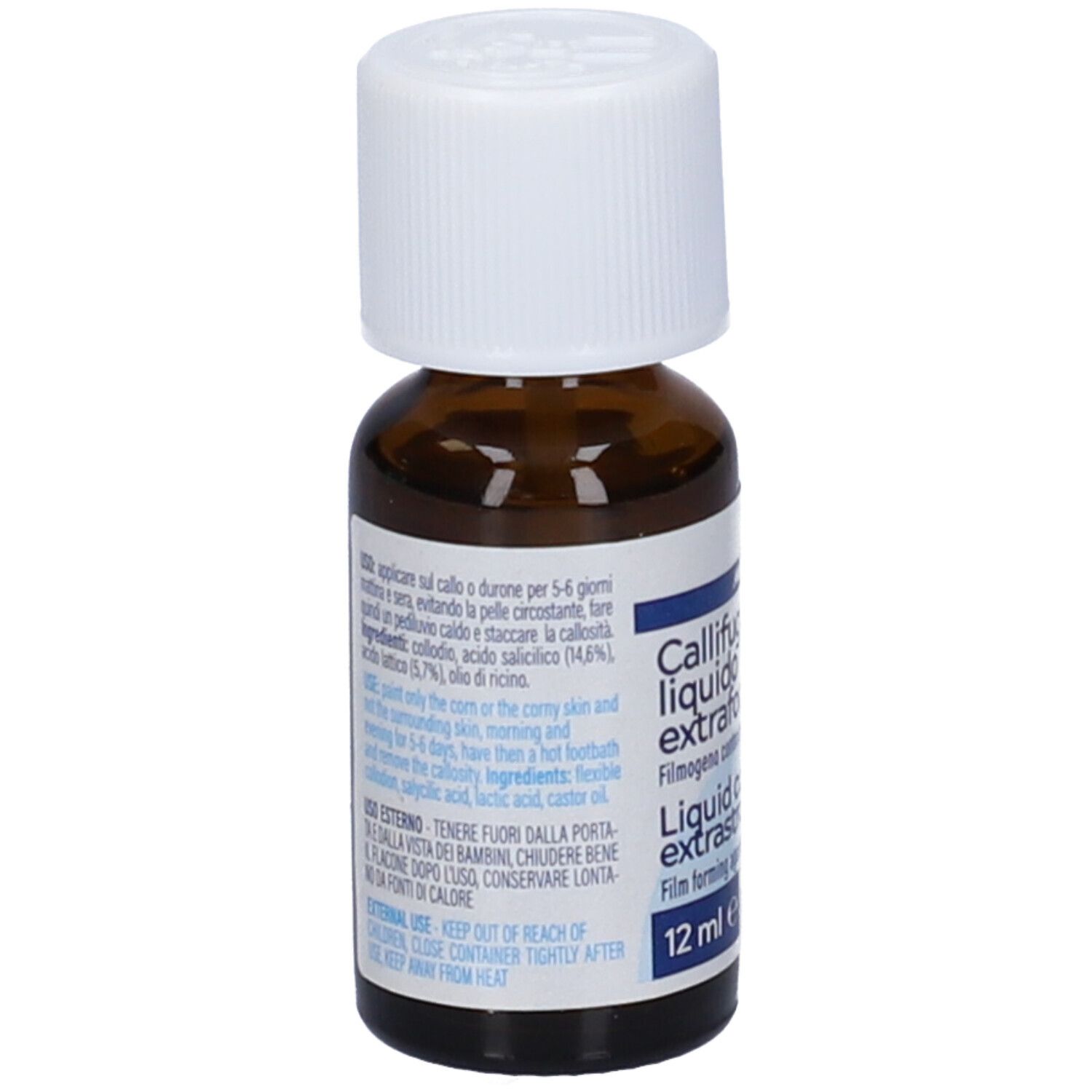 Flacone di vetro marrone con tappo bianco. Etichetta: Master-Aid Callifugo extraforte, 12 ml. Testo sul retro.