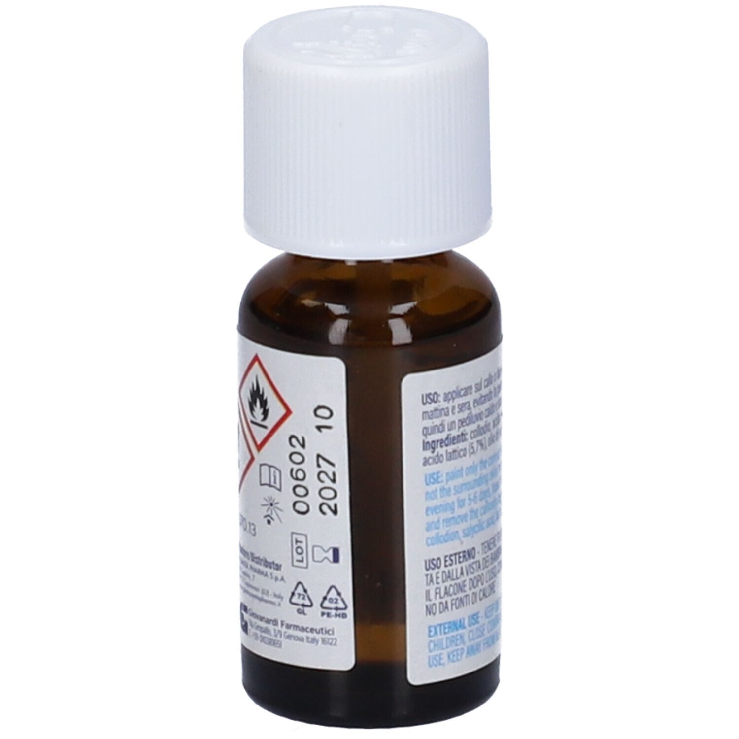 Flacone di vetro marrone con tappo bianco. Etichetta: Master-Aid Callifugo extraforte, 12 ml. Simboli di avvertimento.