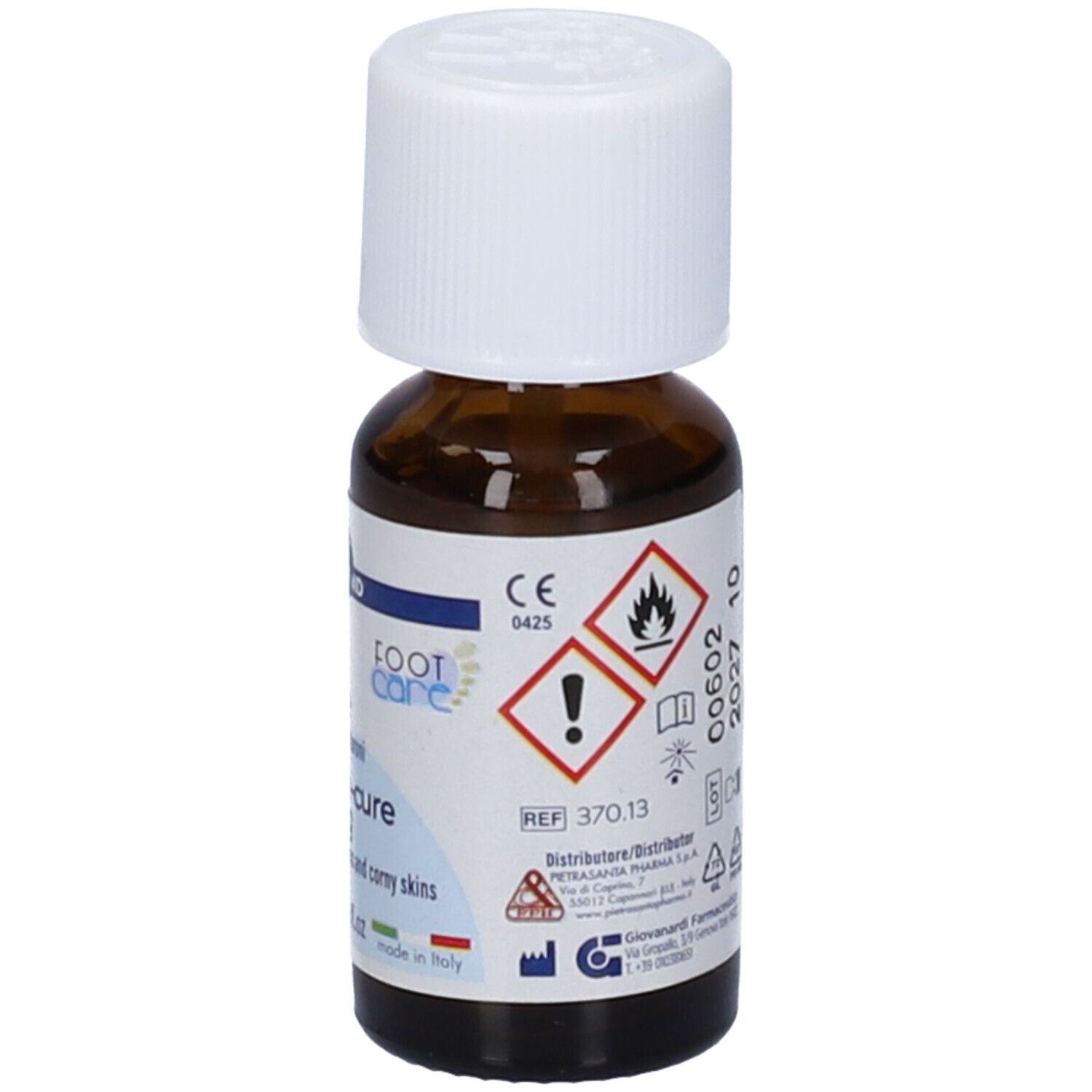 Flacone di vetro marrone con tappo bianco. Etichetta: Master-Aid Callifugo extraforte, 12 ml. Simboli e marchio CE.