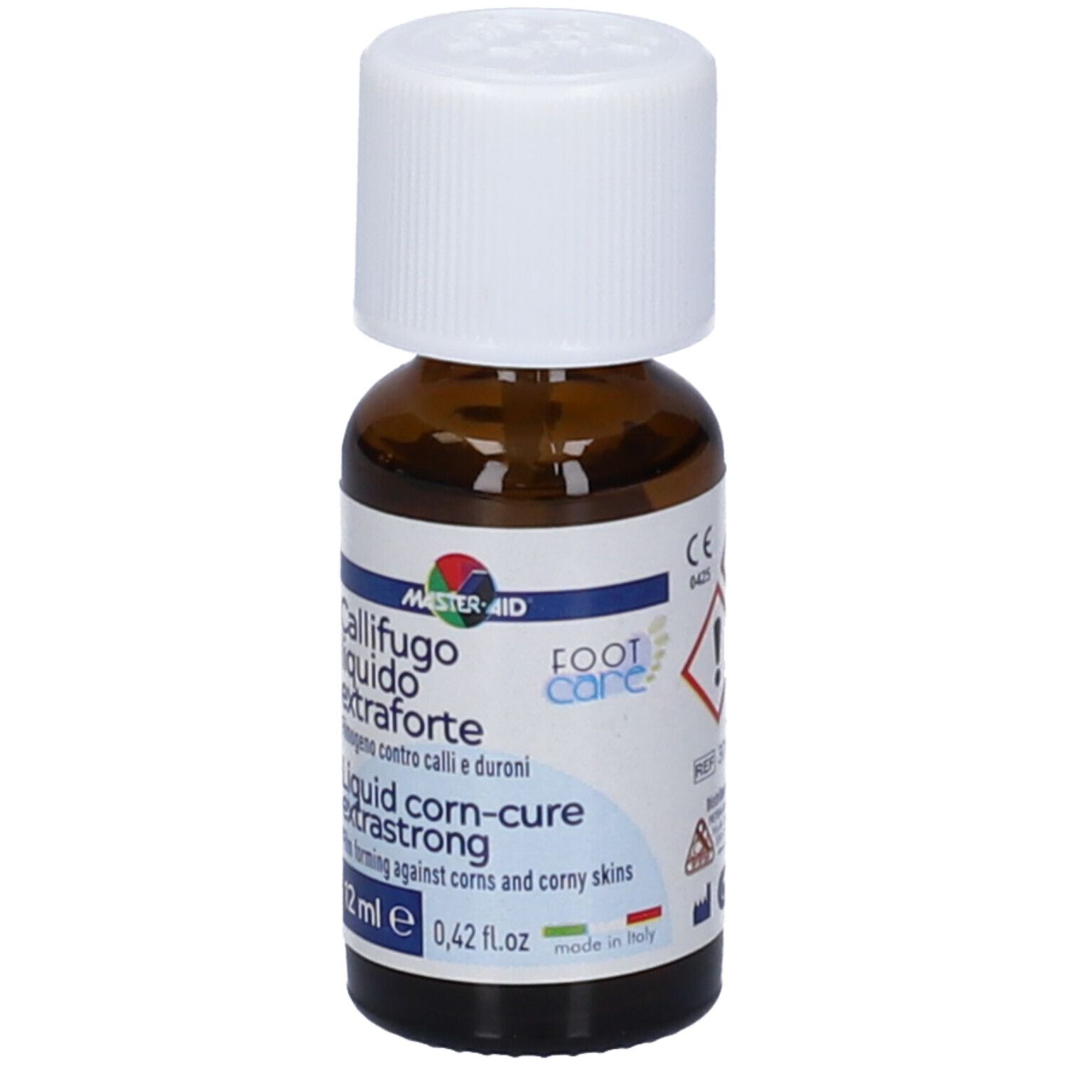 Flacone di vetro marrone con tappo bianco. Etichetta: Master-Aid Callifugo extraforte, 12 ml. Logo Foot Care.