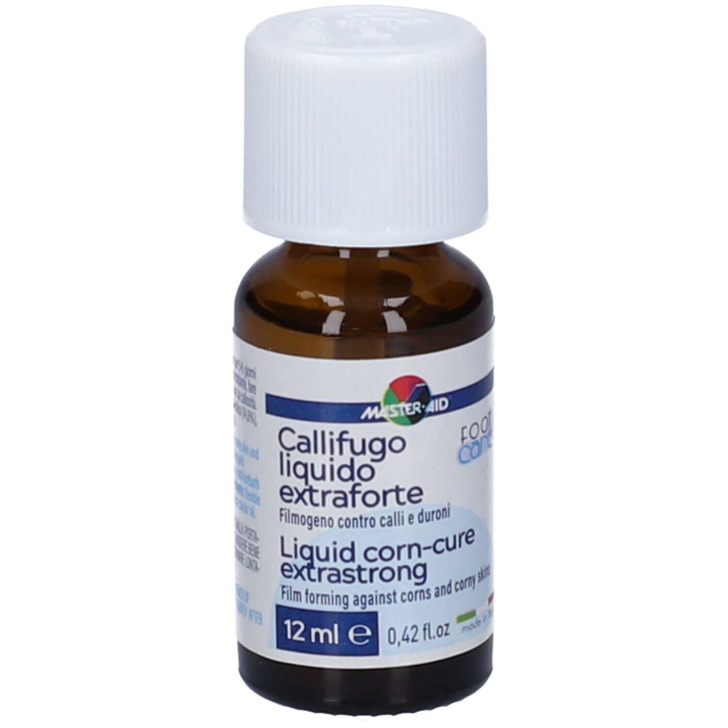 Flacone di vetro marrone con tappo bianco. Etichetta: Master-Aid Callifugo extraforte, 12 ml. Logo Foot Care.