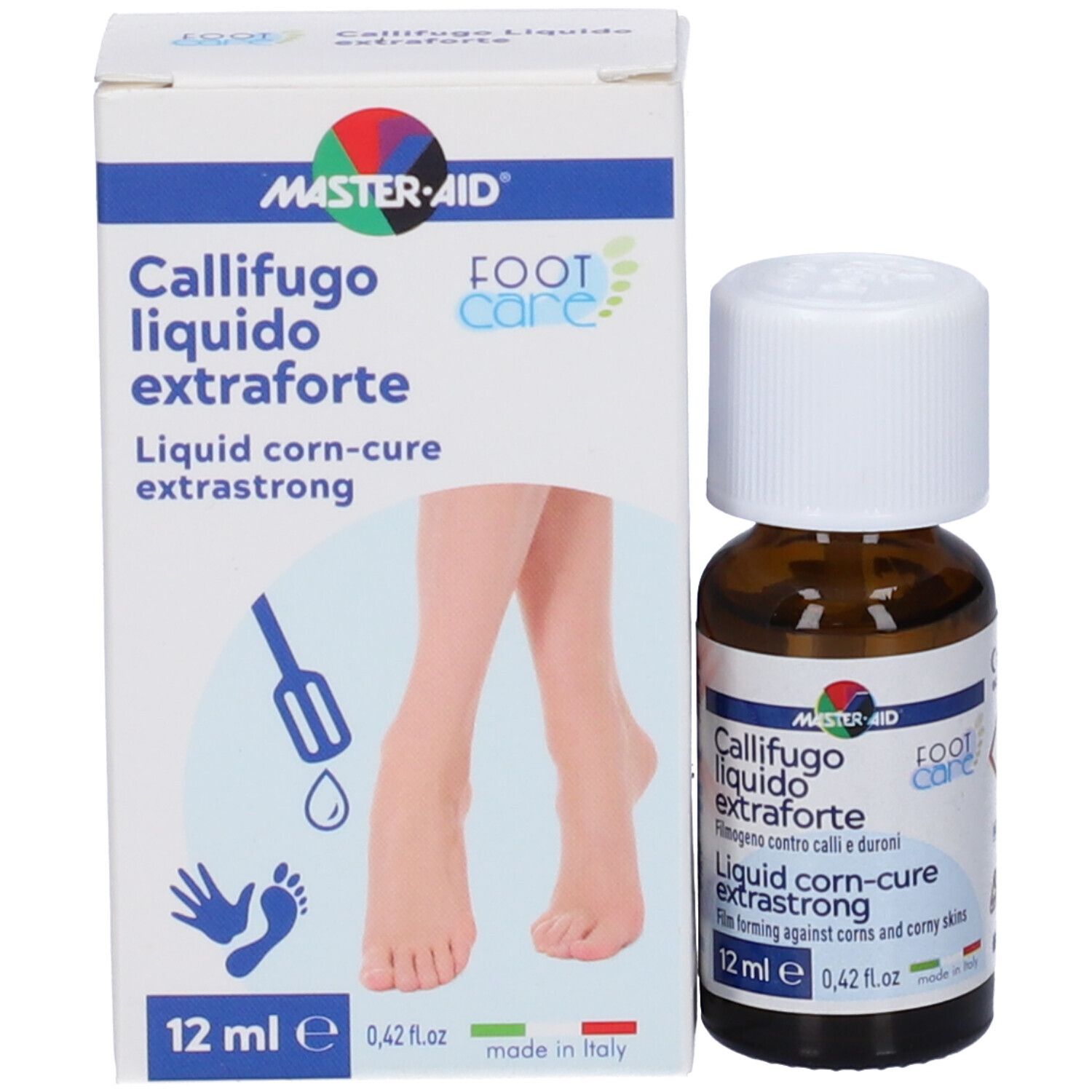 Prodotto e confezione. Flacone marrone con tappo bianco e scatola. Etichetta: Master-Aid Callifugo extraforte, 12 ml.