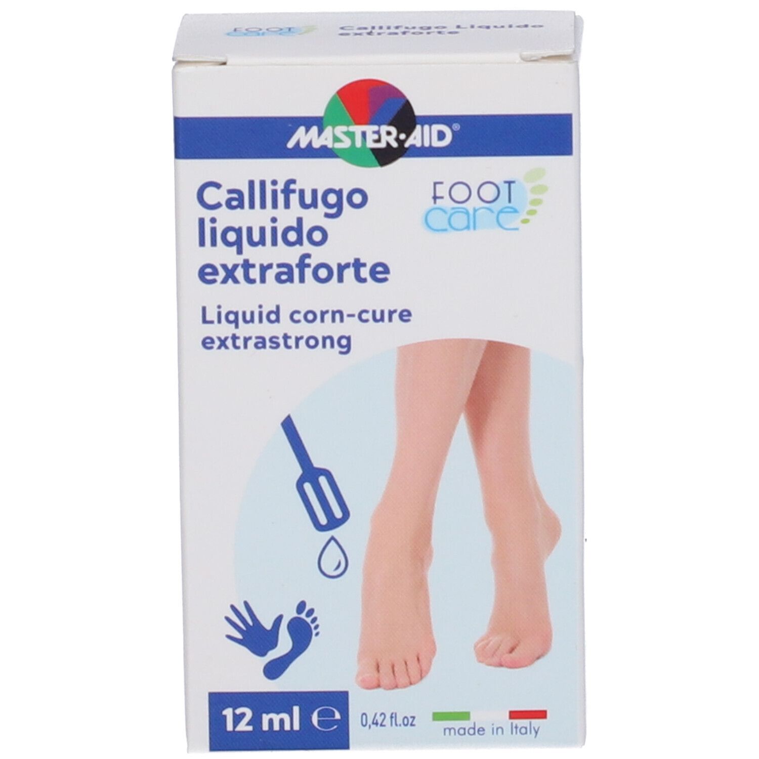 Confezione di Master-Aid Callifugo extraforte. Contiene 12 ml. Con immagine di piedi e simboli di avvertimento.
