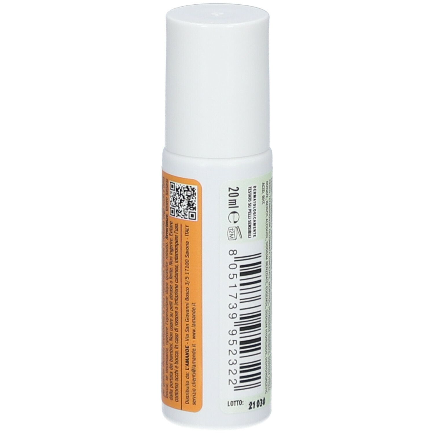 Flacone roll-on da 20 ml. Scritta: L'AMANDE, Dopopuntura Naturale. Tappo bianco.