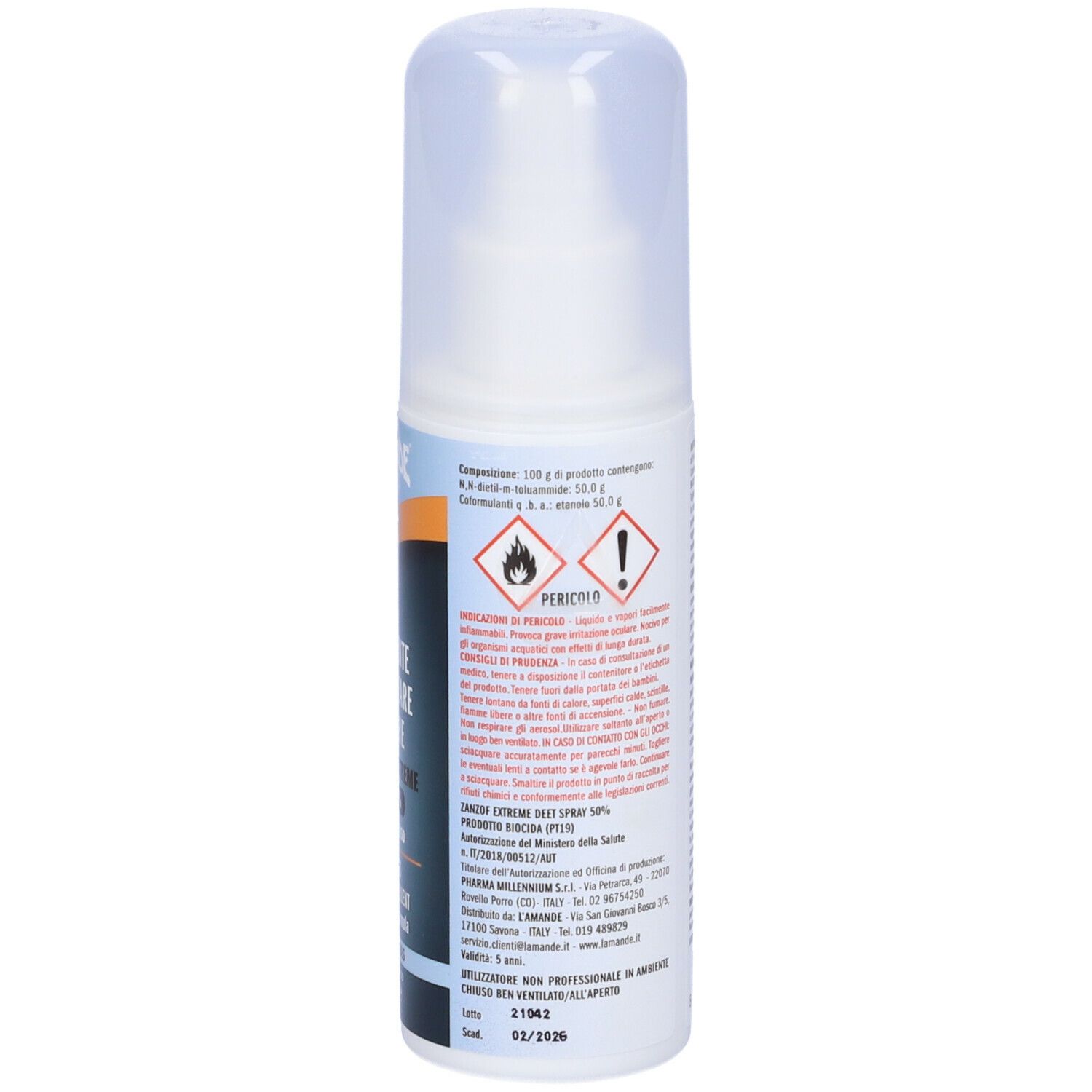 Flacone cilindrico con erogatore bianco. Etichetta con testo in italiano. Contiene avvertenze e informazioni sul prodotto.