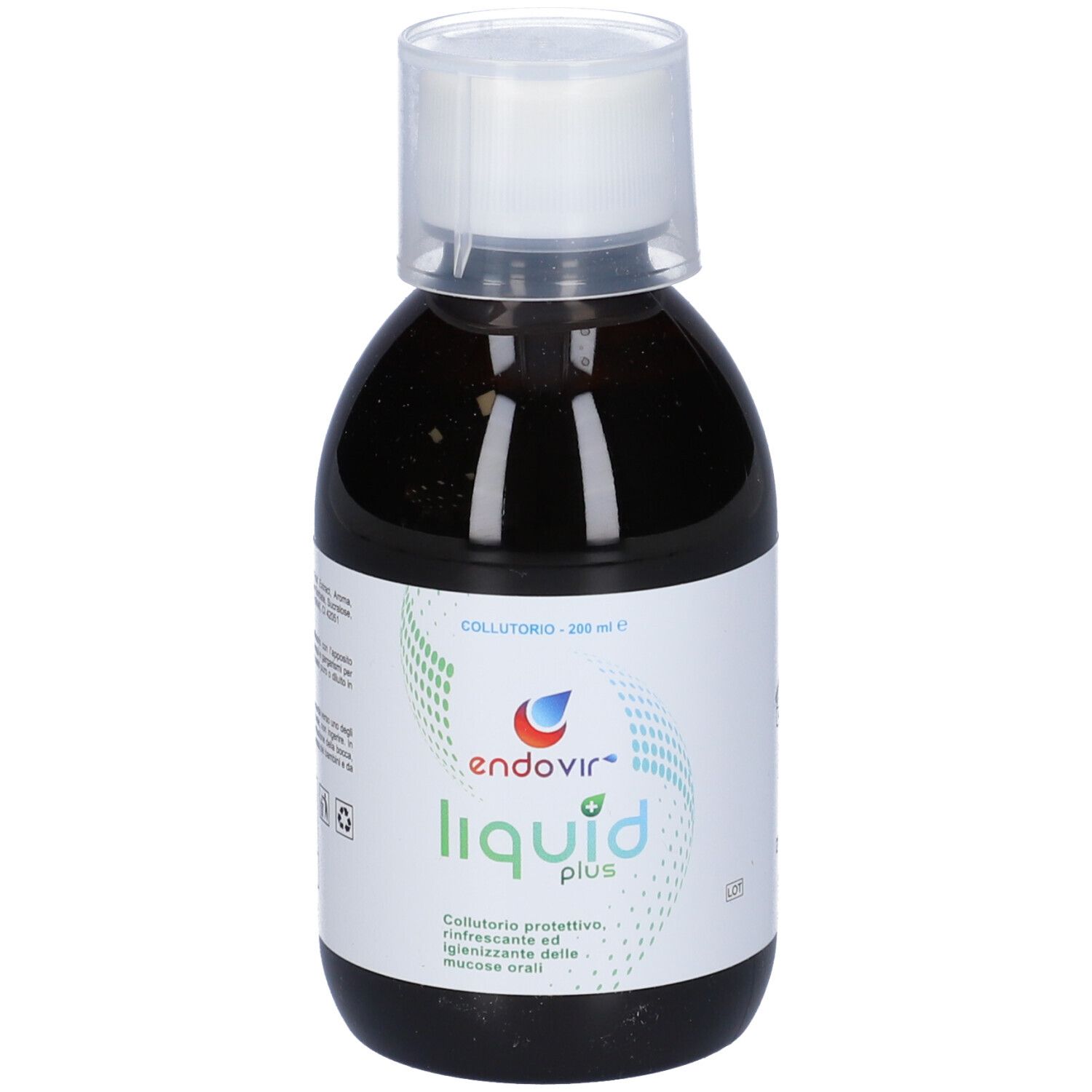 Liquido marrone in bottiglia con tappo bianco. Nome e logo del prodotto sull'etichetta.