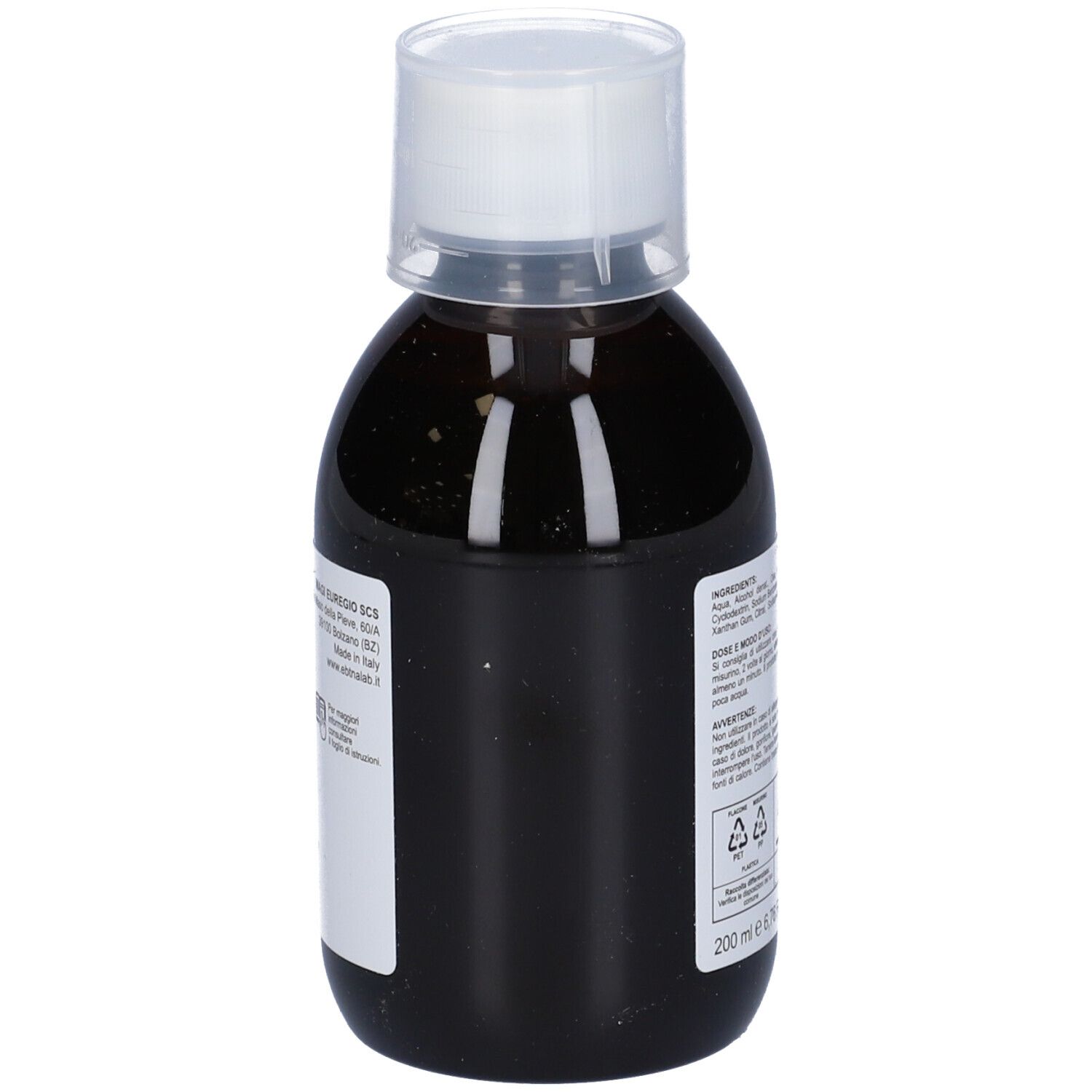 Bottiglia di liquido marrone con tappo bianco. Etichetta con informazioni sul prodotto.