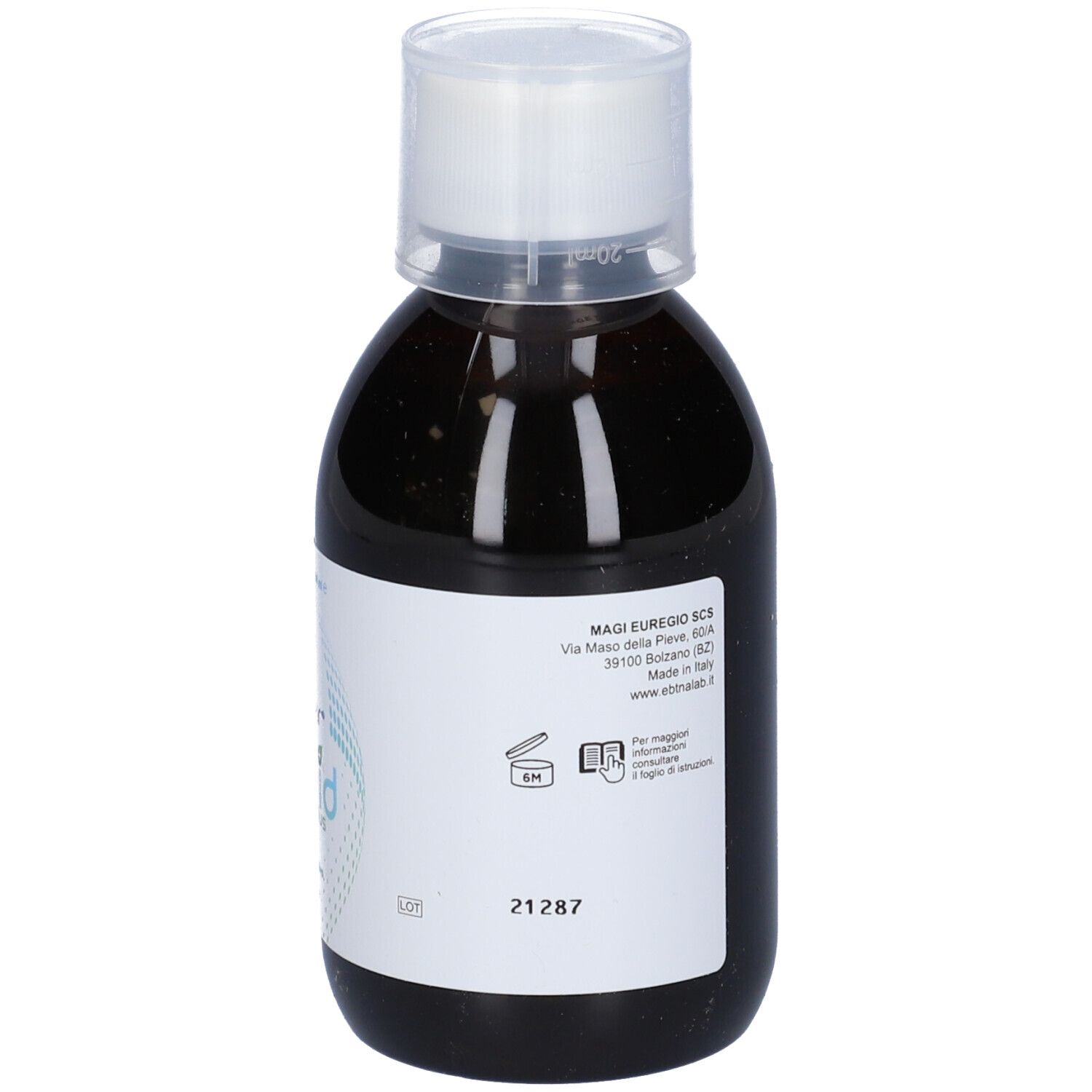 Bottiglia di liquido marrone con tappo bianco. Etichetta con informazioni e logo del prodotto.