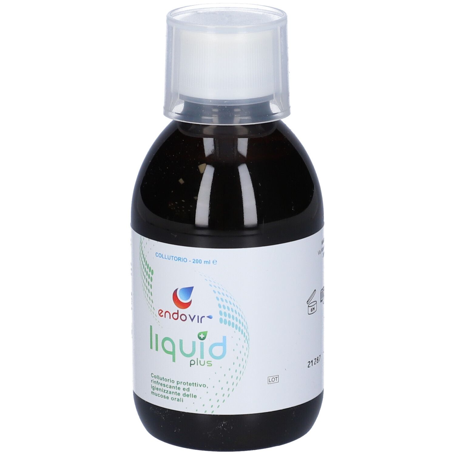 Bottiglia di liquido marrone con tappo bianco. Etichetta con nome e logo del prodotto.