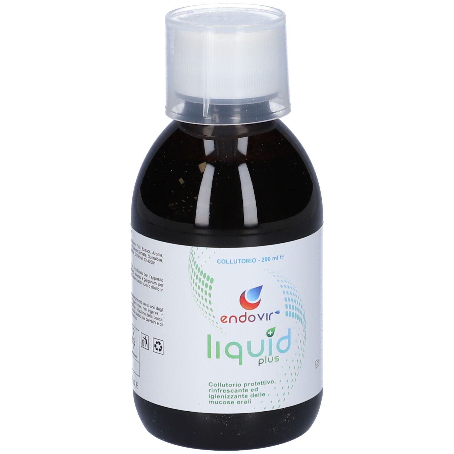 Bottiglia di liquido marrone con tappo bianco. Etichetta con nome e logo del prodotto.