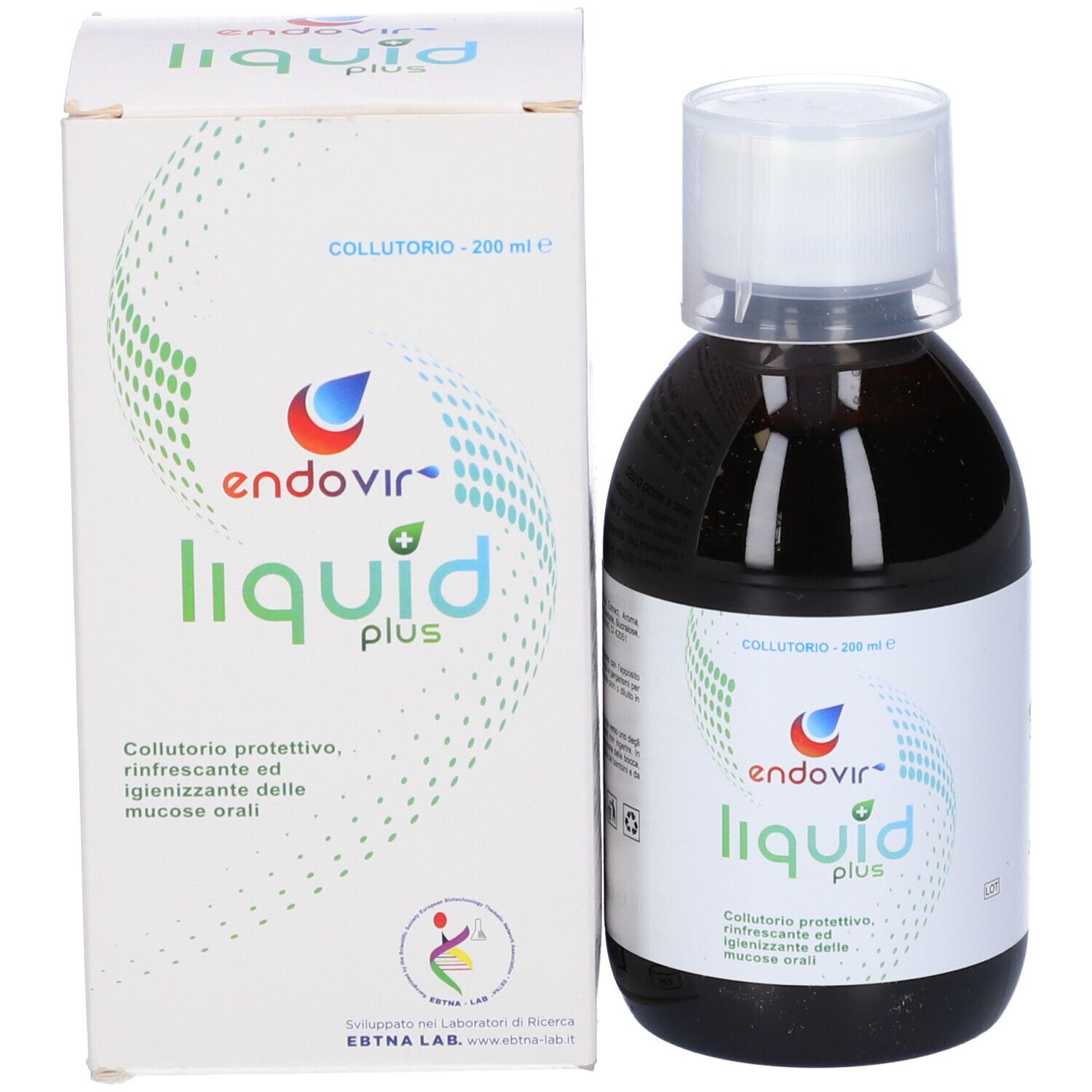 Liquido marrone in bottiglia con tappo bianco. Nome e logo del prodotto sull'etichetta. Scatola accanto.