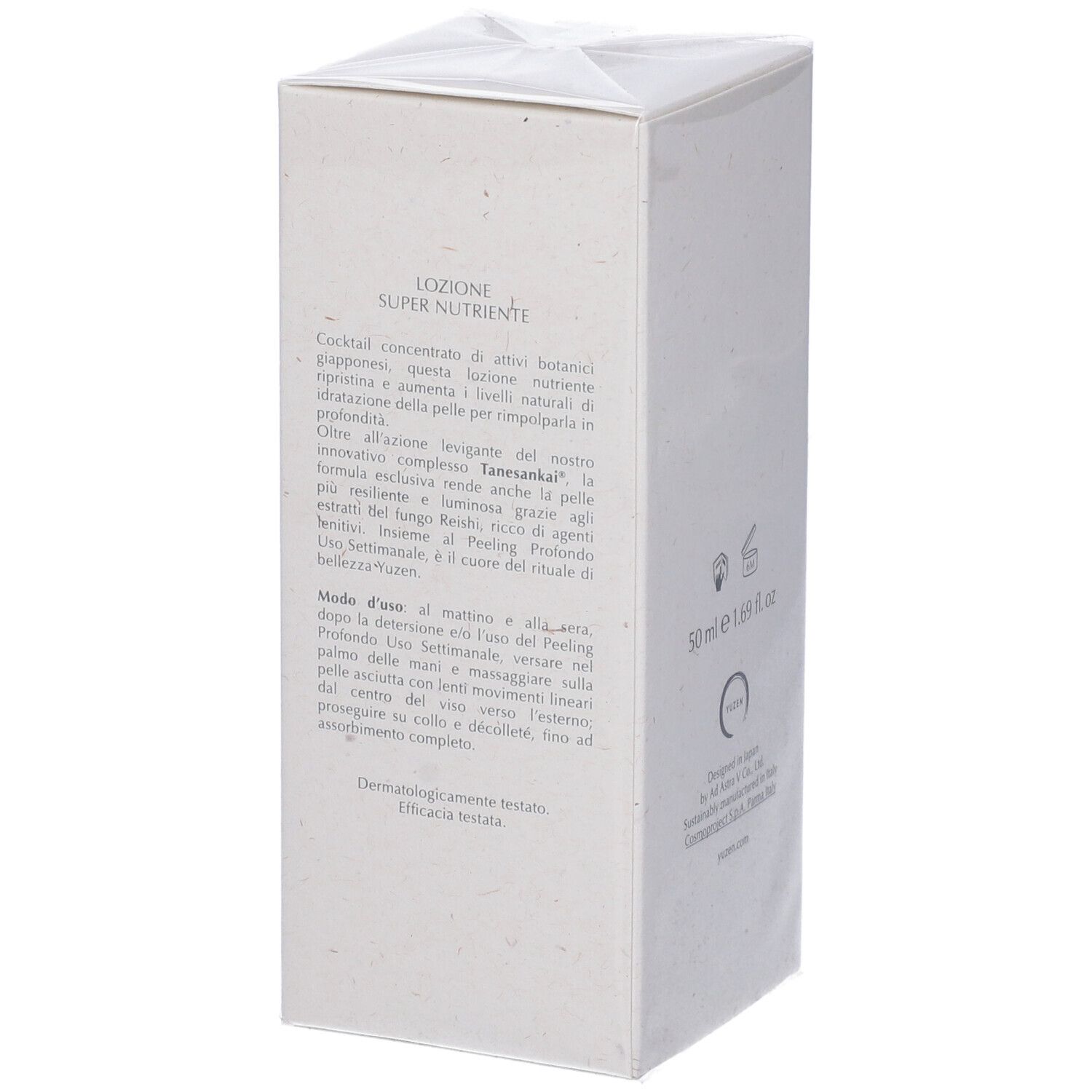 Confezione bianca con testo in italiano, logo e volume: 50 ml e 1.69 fl. oz. Dermatologicamente testato.