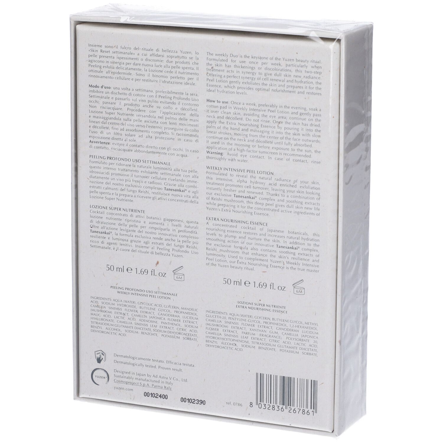 Retro della confezione. Testo multilingue, informazioni sul prodotto, ingredienti, loghi, 50 ml.