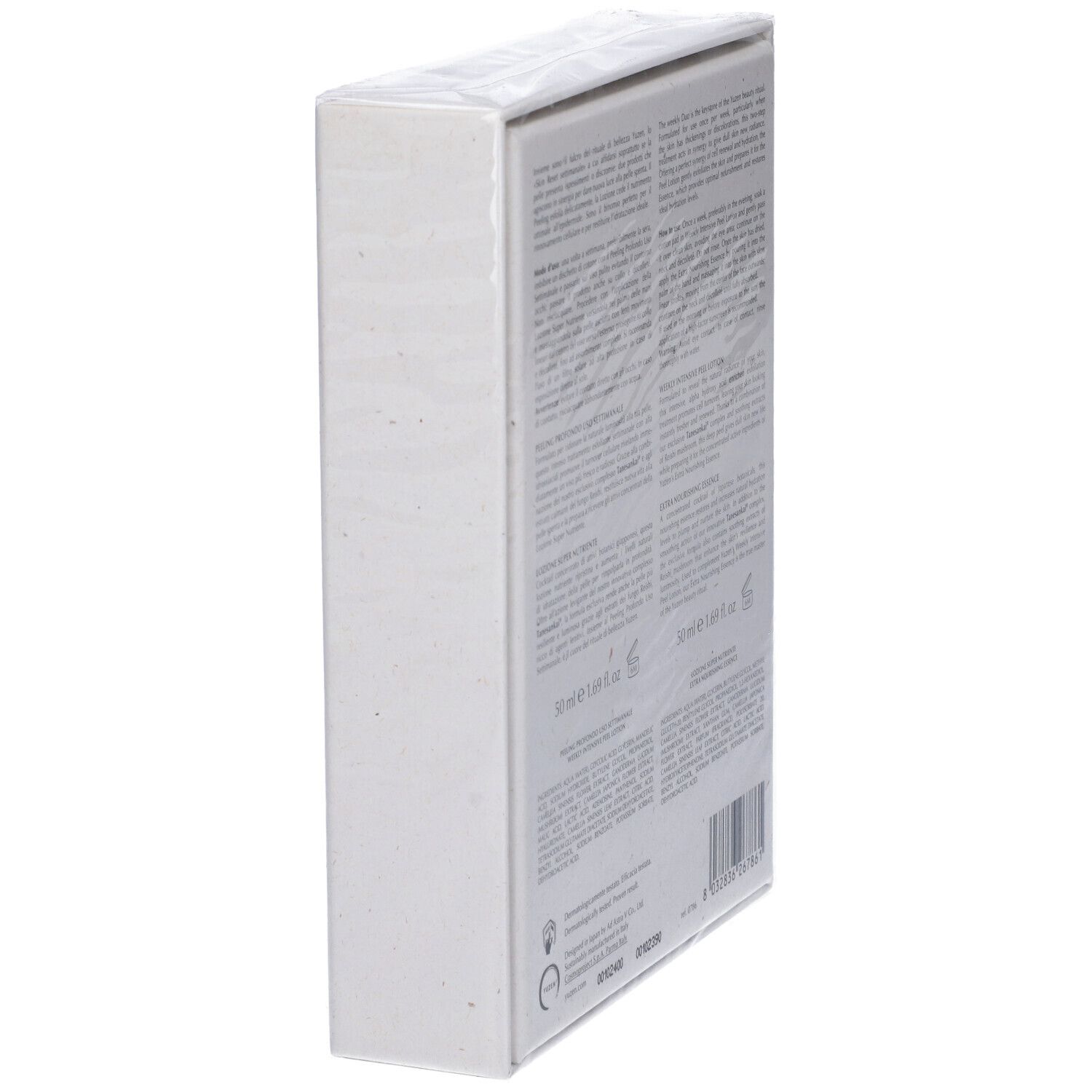 Confezione, retro. Testo multilingue, informazioni sul prodotto, loghi, codice a barre, 50 ml.