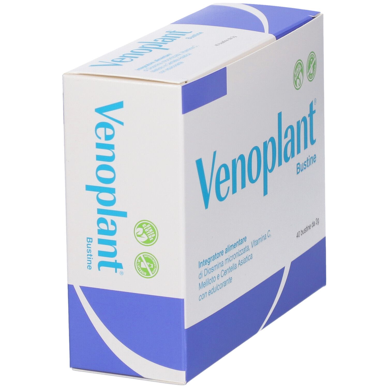 Confezione Venoplant Bustine, fronte e lato. Contiene 40 bustine di Diosmina, Vitamina C, Meliloto e Centella Asiatica.
