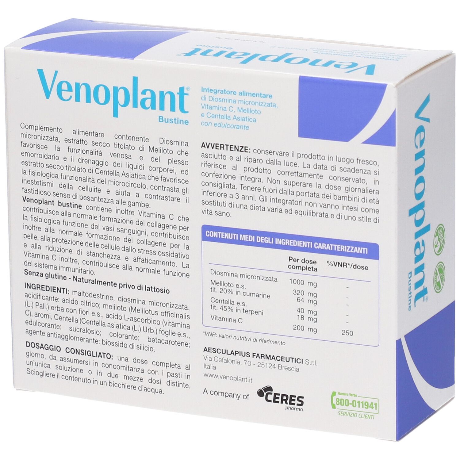 Retro della confezione Venoplant Bustine. Mostra ingredienti: Diosmina, Vitamina C, Meliloto, Centella Asiatica.