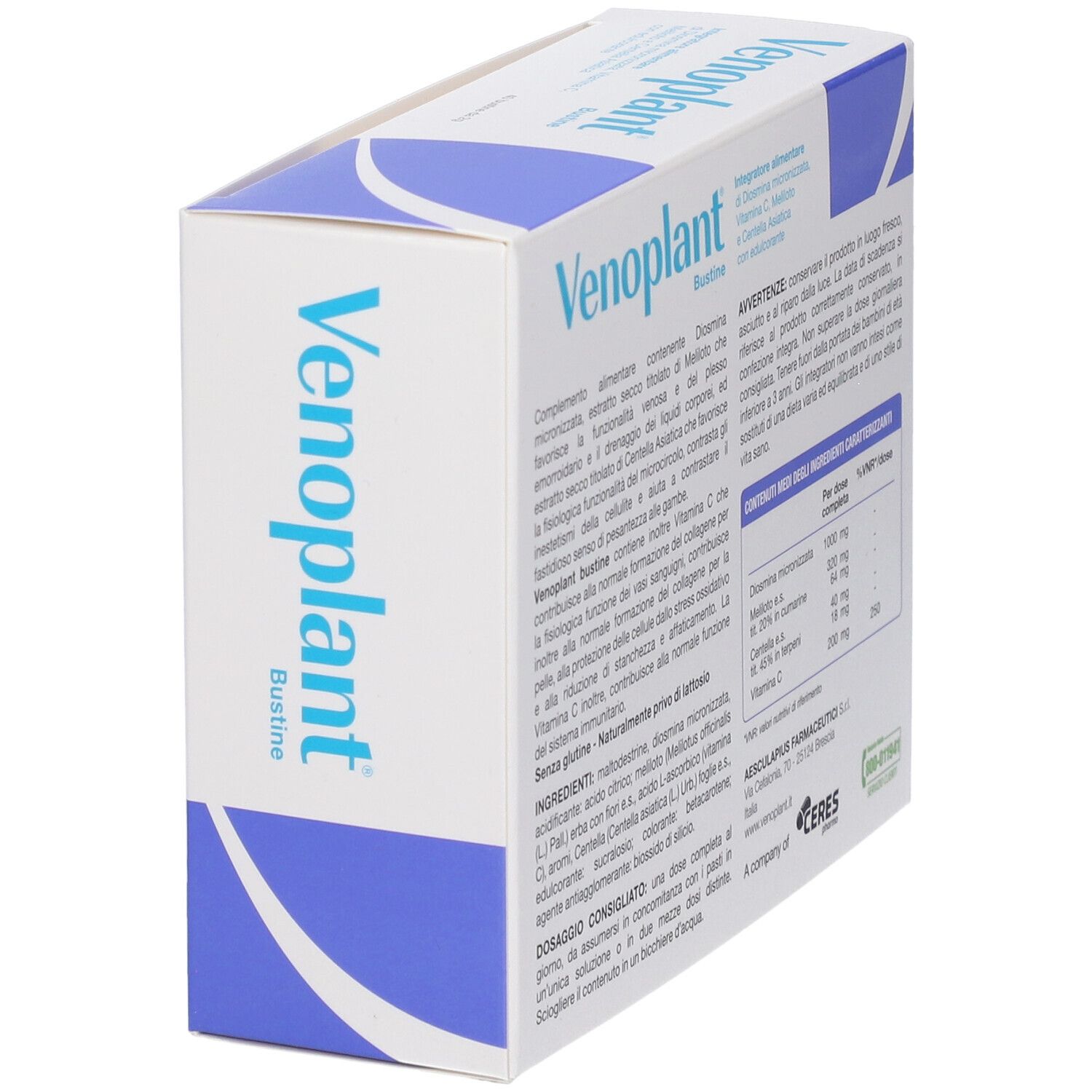 Confezione Venoplant Bustine, vista 3/4 anteriore. Contiene 40 bustine di Diosmina, Vitamina C, Meliloto e Centella Asiatica.