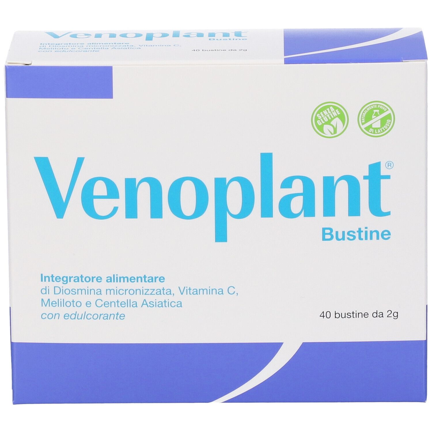 Confezione Venoplant Bustine, fronte. Contiene 40 bustine di Diosmina, Vitamina C, Meliloto e Centella Asiatica.