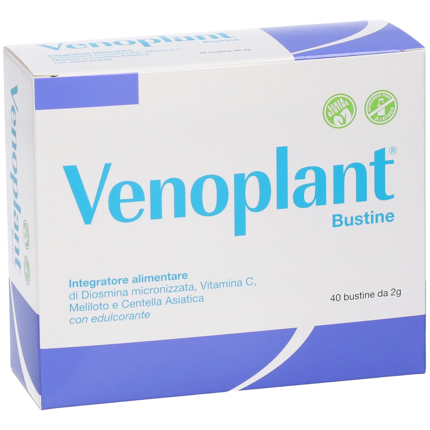 Confezione Venoplant Bustine, fronte. Contiene 40 bustine di Diosmina, Vitamina C, Meliloto e Centella Asiatica.