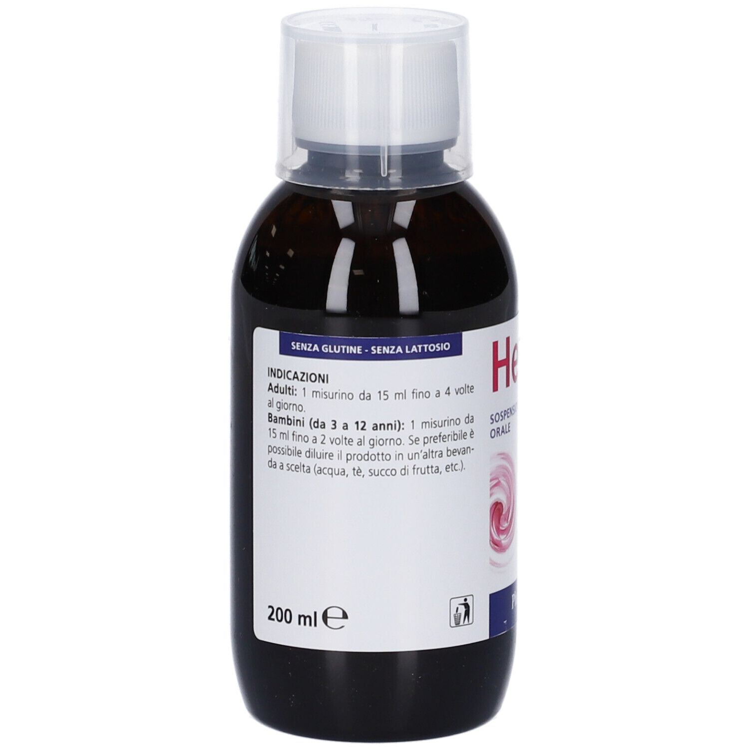 Flacone marrone con tappo bianco. Scritta Helix Med Sospensione Orale. Contiene estratti vegetali. Per adulti e bambini. 200 ml.
