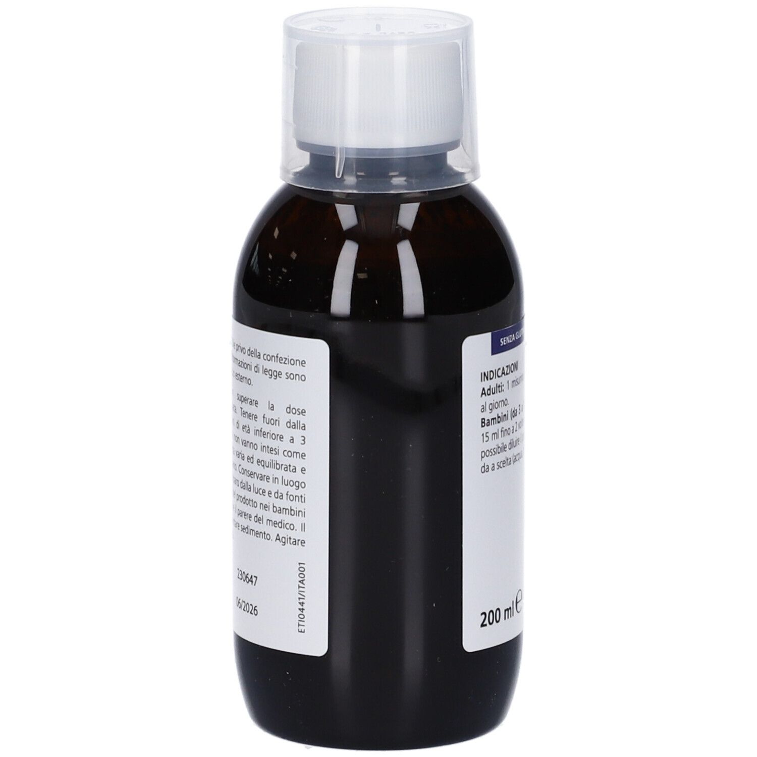 Flacone marrone con tappo bianco. Scritta Helix Med Sospensione Orale. 200 ml. Testo con istruzioni per il dosaggio.