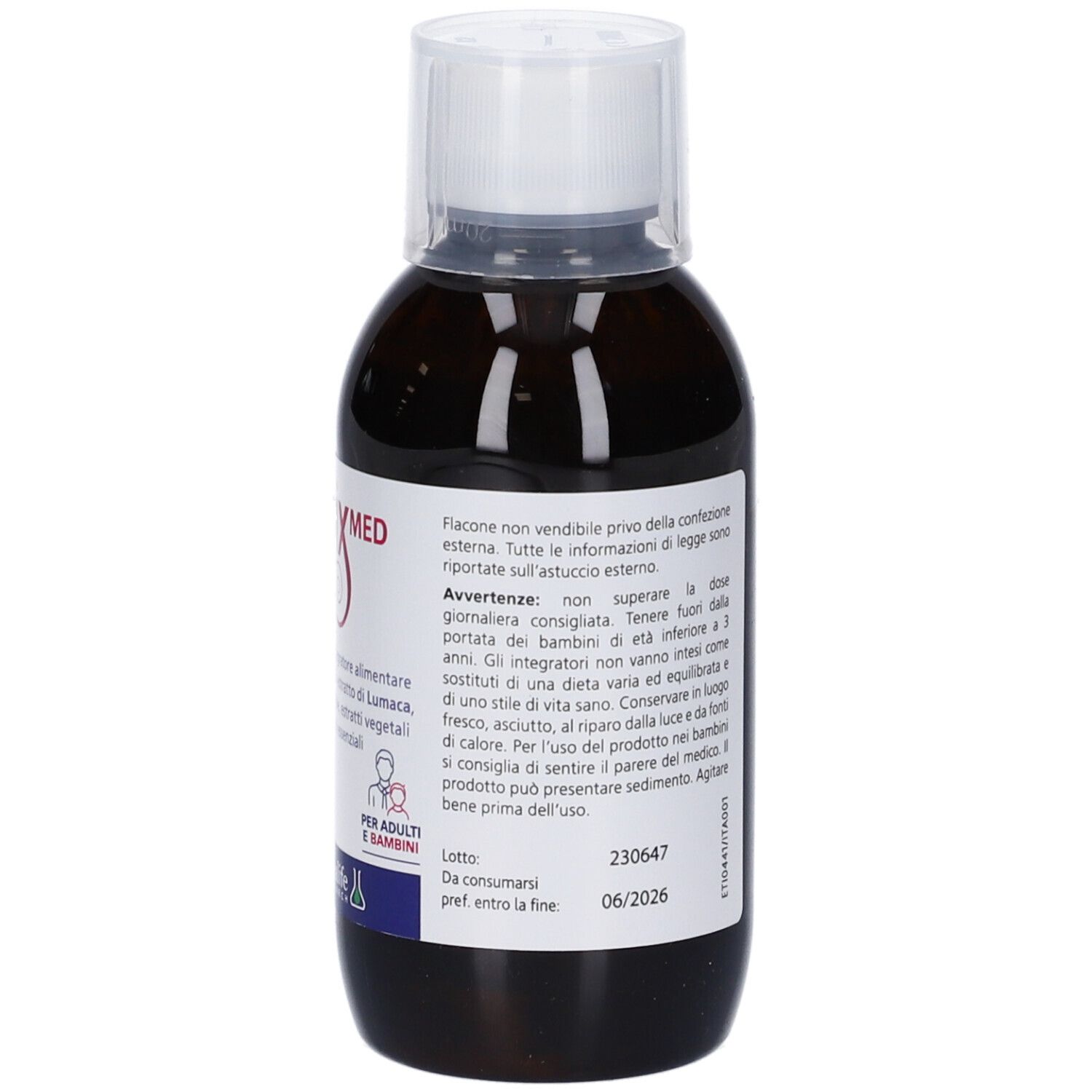 Flacone marrone con tappo bianco. Scritta Helix Med Sospensione Orale. Testo con avvertenze e data di scadenza.